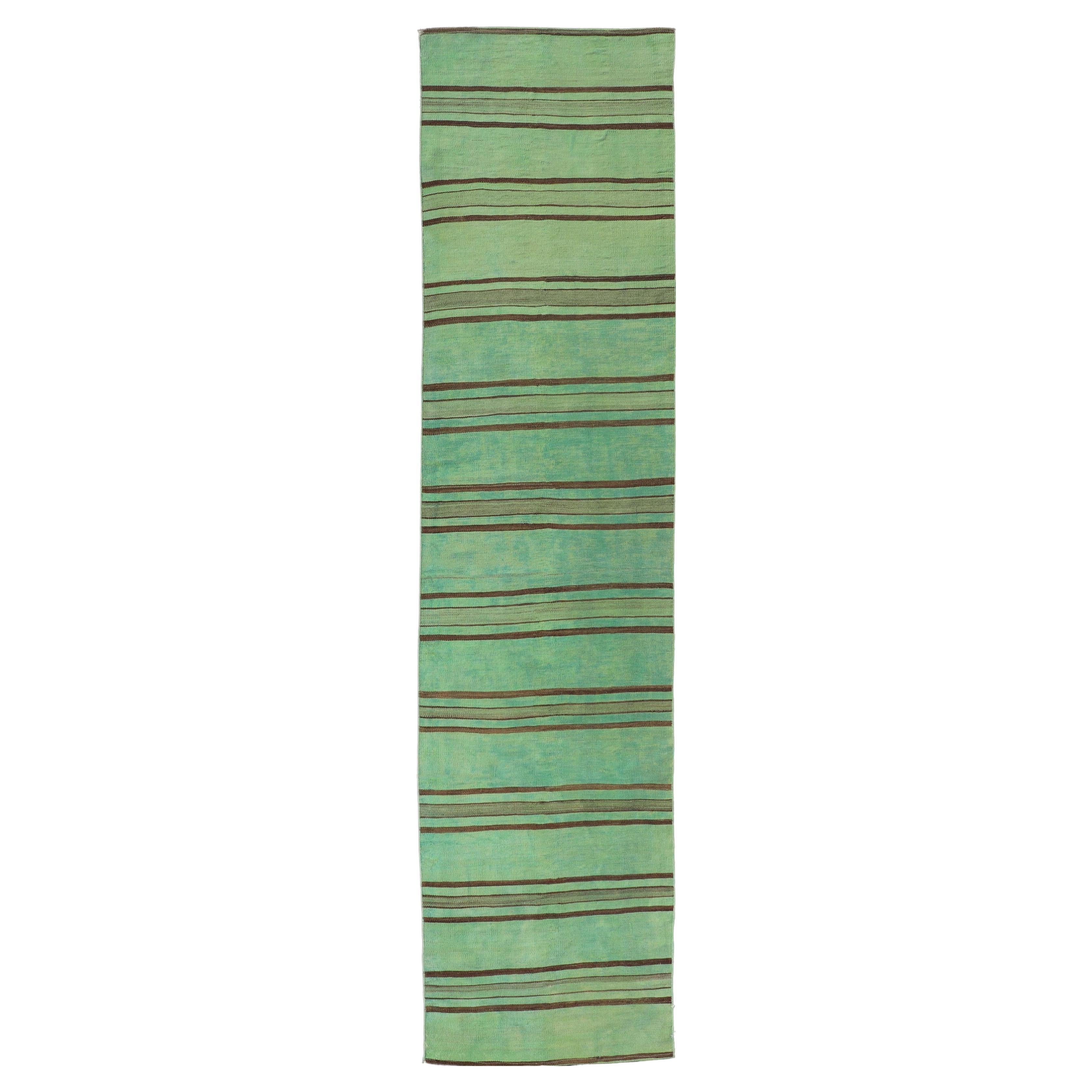 Vibrant Vintage Turkish Kilim Runner With Green and Brown Stripes 2'8 x 12'1