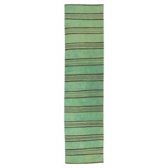 Vibrant Vintage Turkish Kilim Runner With Green and Brown Stripes 2'8 x 12'1