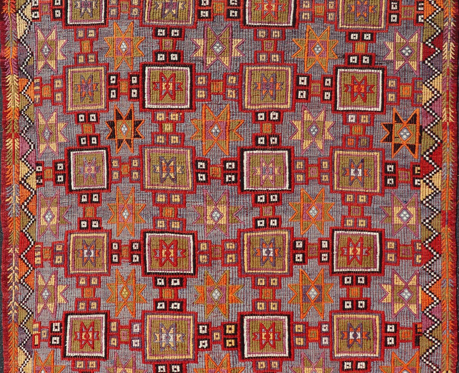 Hand-Woven Vibrant Vintage Turkish Tribal Kilim Rug with Geometric Shapes 6'5 x 9'0 For Sale