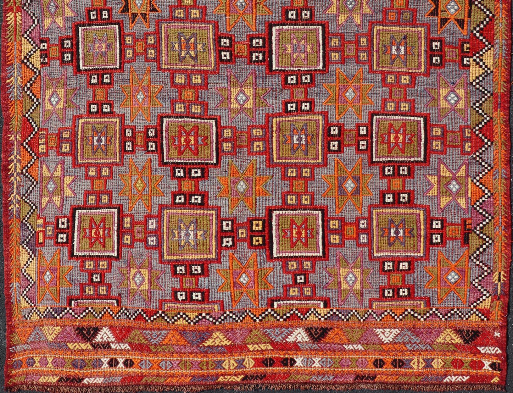 Vibrant Vintage Turkish Tribal Kilim Rug with Geometric Shapes 6'5 x 9'0 In Good Condition For Sale In Atlanta, GA