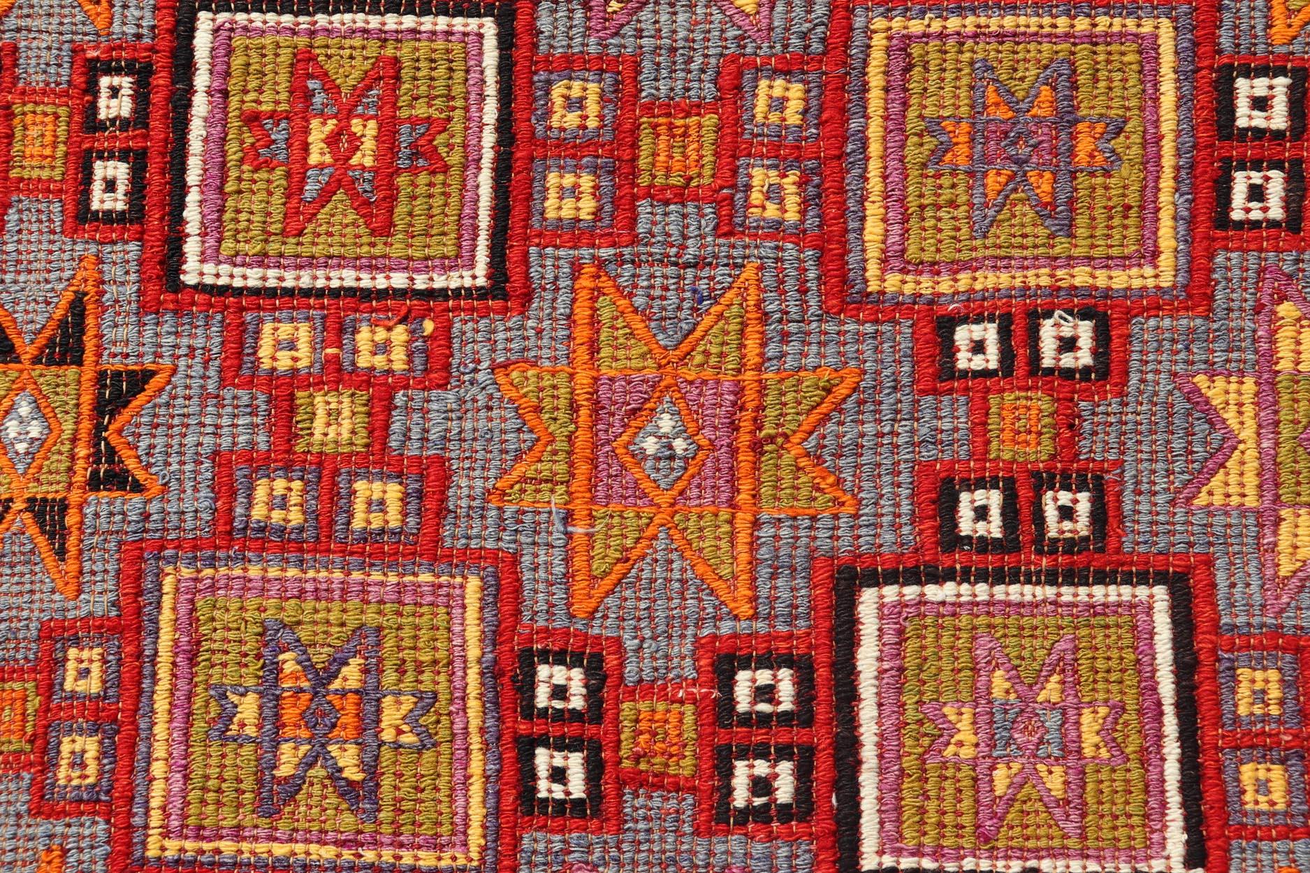 Vibrant Vintage Turkish Tribal Kilim Rug with Geometric Shapes 6'5 x 9'0 For Sale 1