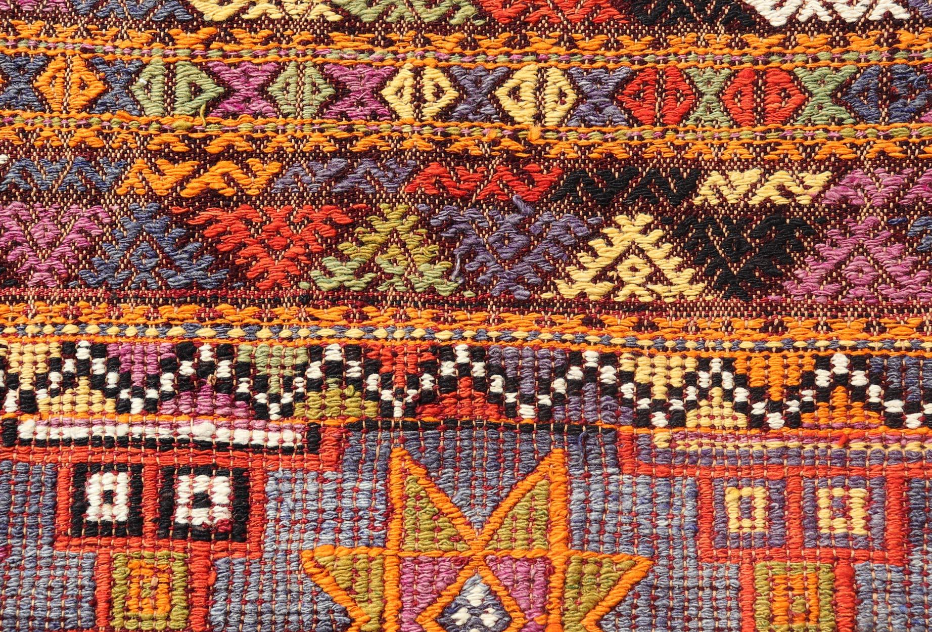Vibrant Vintage Turkish Tribal Kilim Rug with Geometric Shapes 6'5 x 9'0 For Sale 3