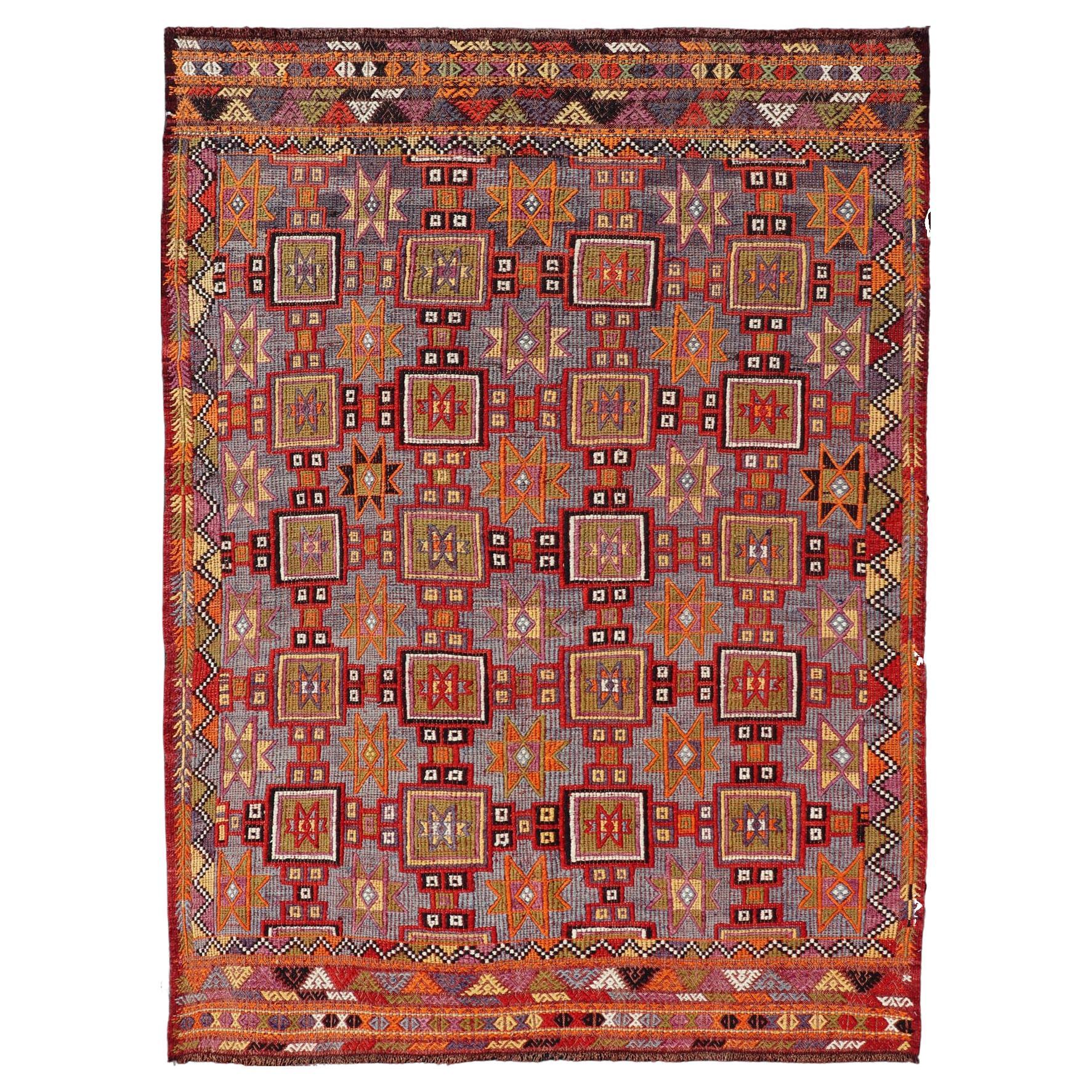 Vibrant Vintage Turkish Tribal Kilim Rug with Geometric Shapes 6'5 x 9'0 For Sale