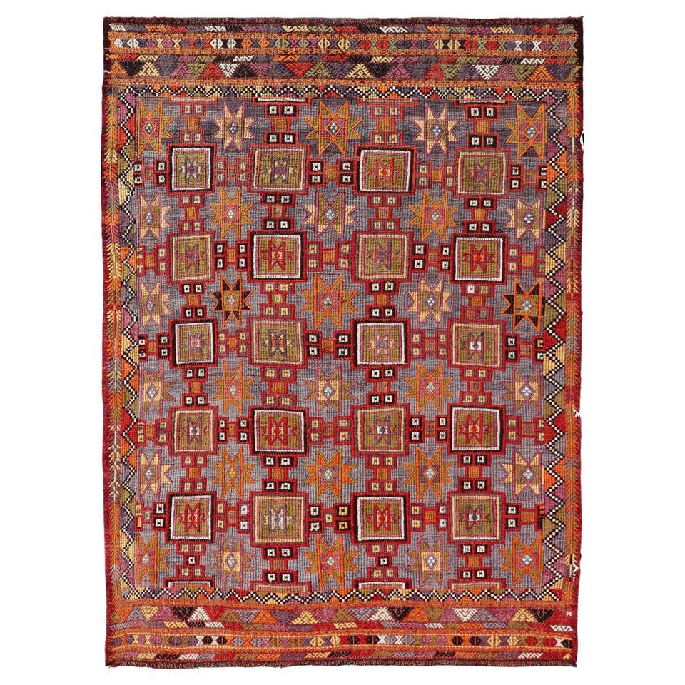 Balkan Rug Pattern Vintage Balkan Kilim with Gold, Red and Green Geometric Patterns from ...