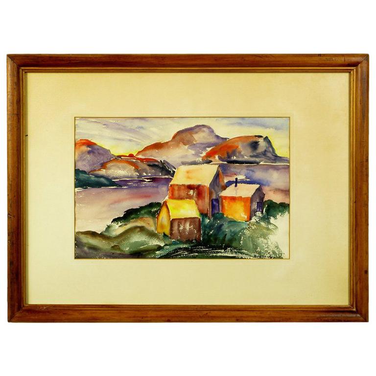 Vibrant Water Color Of A Mountain Homestead Signed Brockway.
