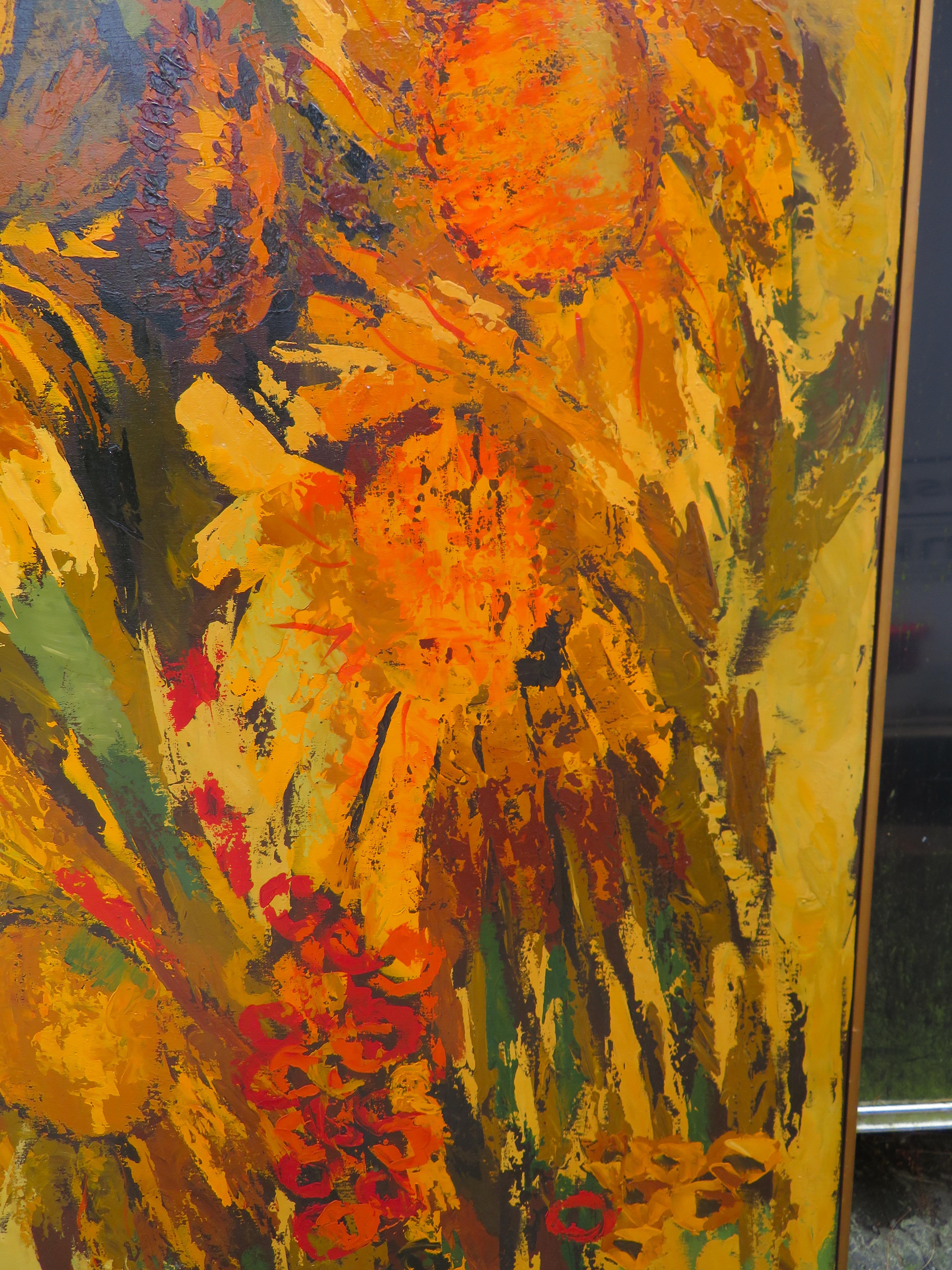 Vibrante peinture abstraite XL de marguerite Daisy Sun Flowers de G Virkala, moderne du milieu du siècle dernier en vente 4