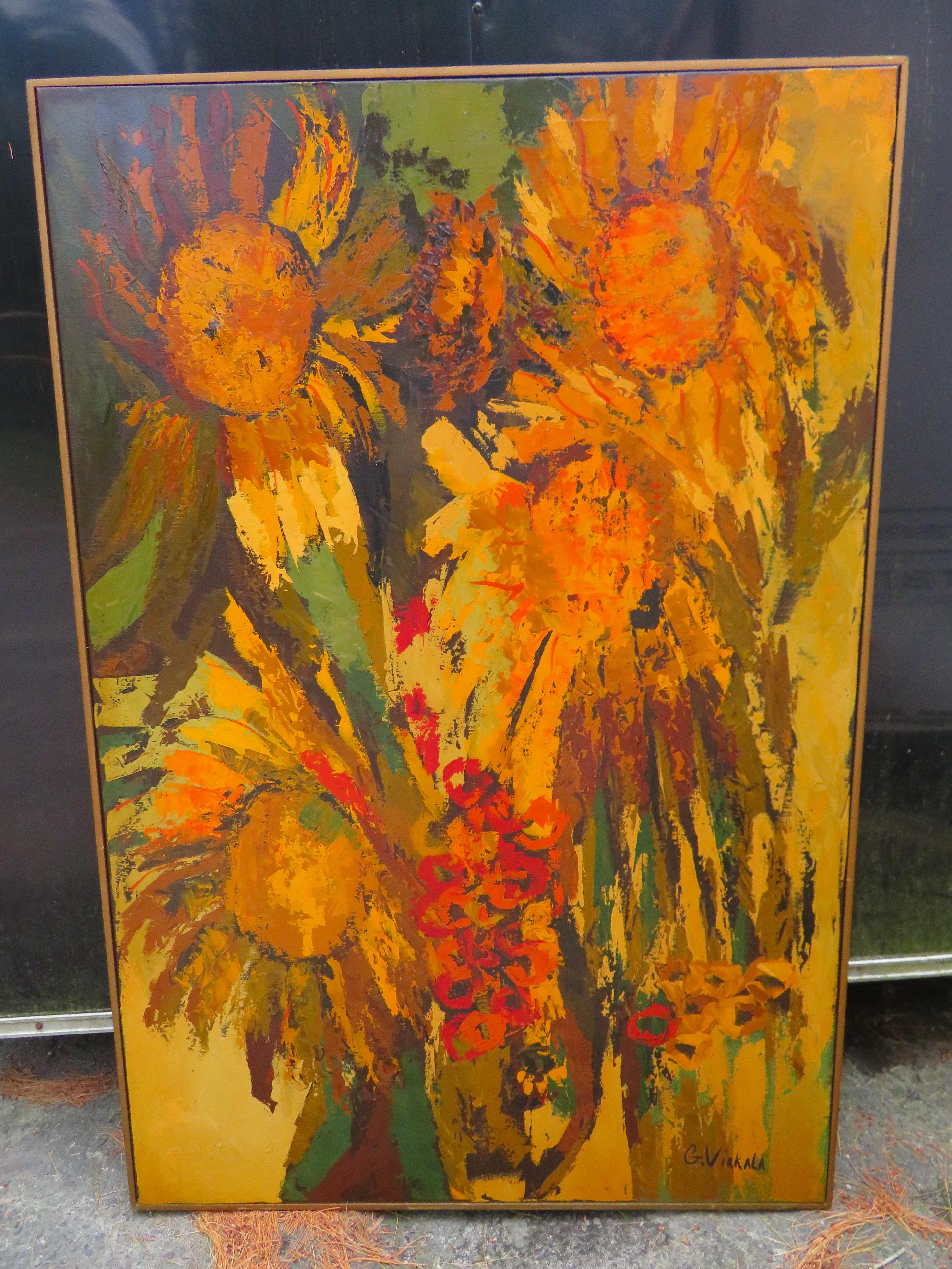 Vibrante peinture abstraite XL de marguerite Daisy Sun Flowers de G Virkala, moderne du milieu du siècle dernier en vente 5