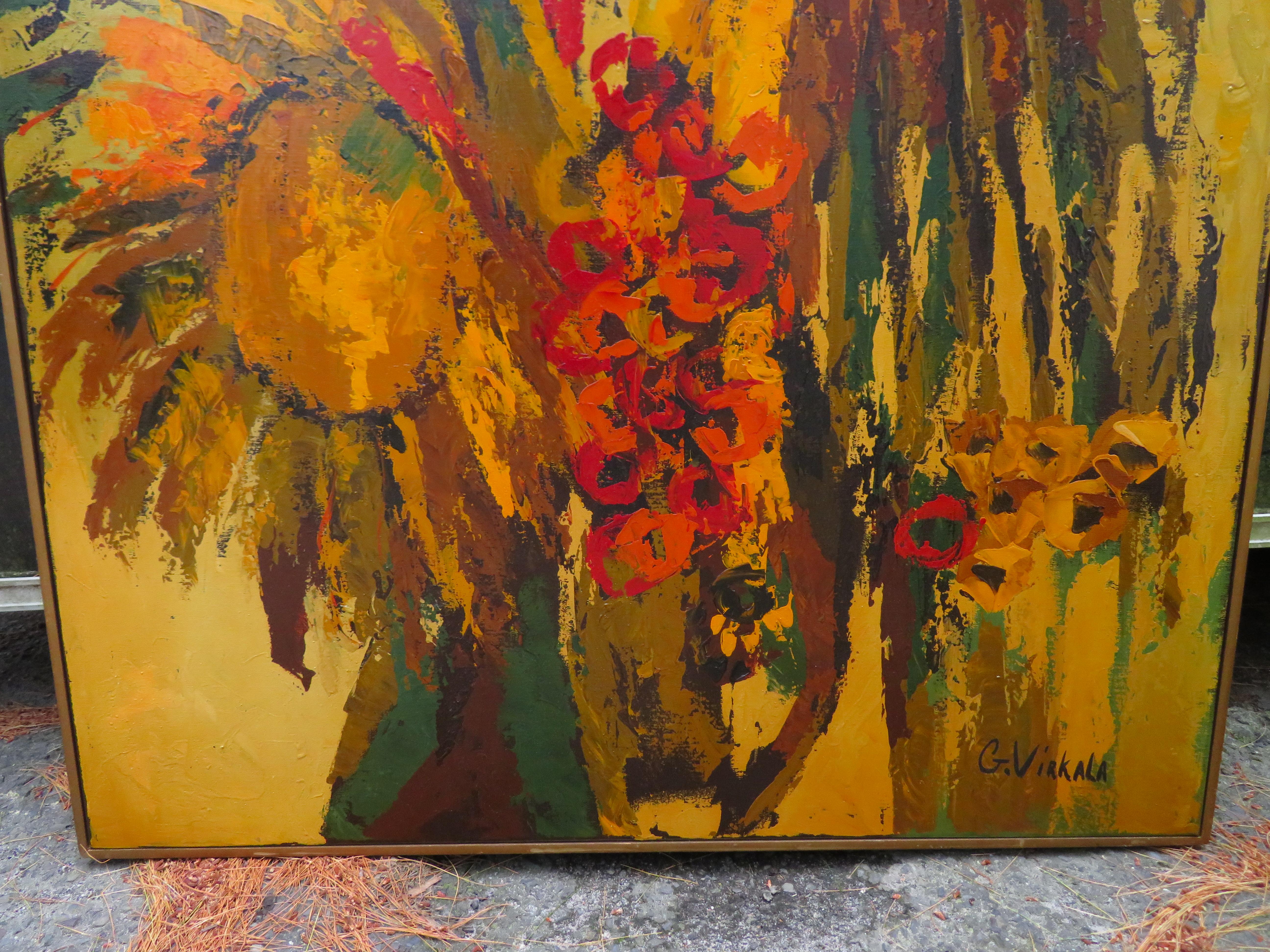 Mid-Century Modern Vibrante peinture abstraite XL de marguerite Daisy Sun Flowers de G Virkala, moderne du milieu du siècle dernier en vente