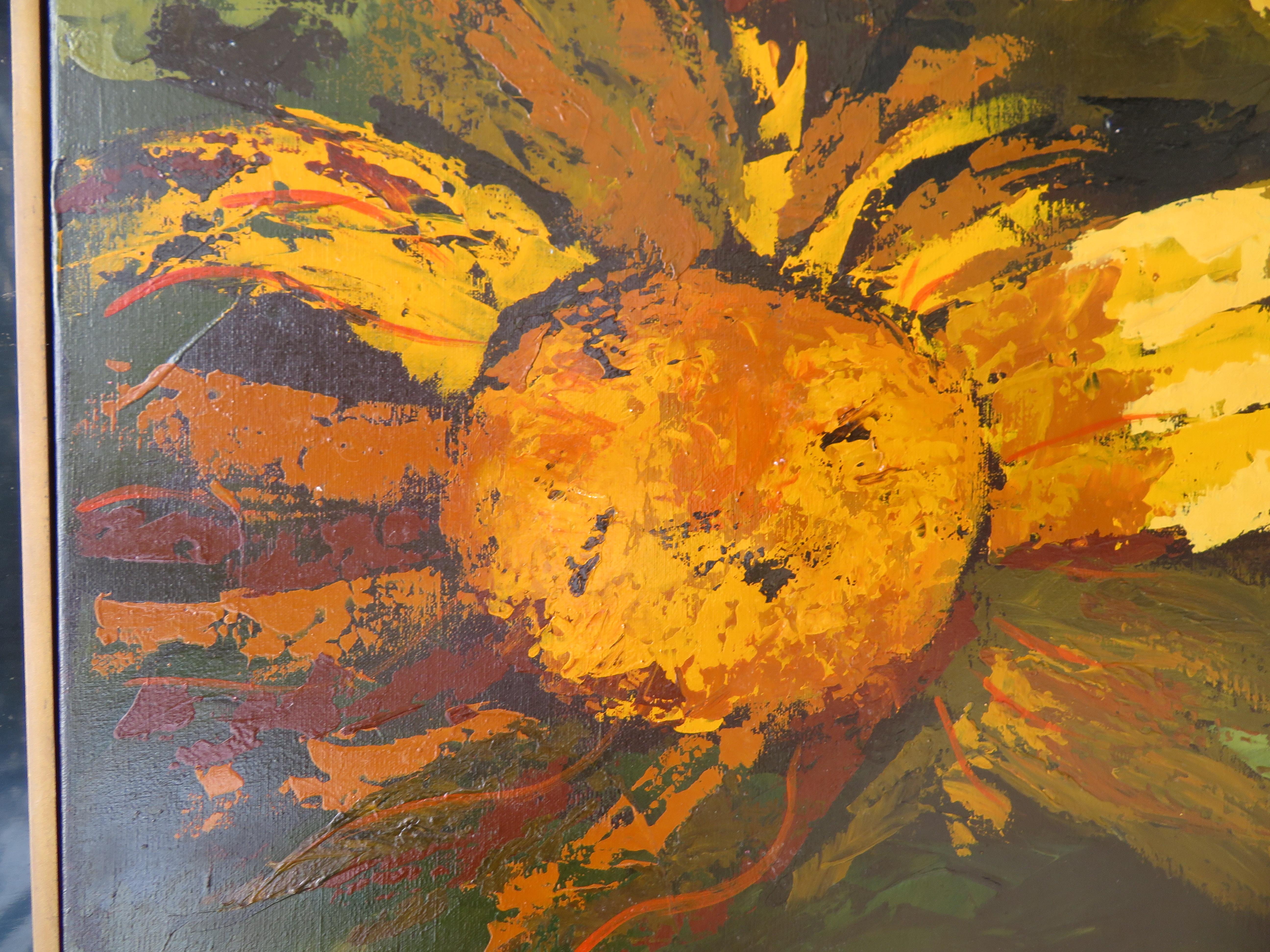 Milieu du XXe siècle Vibrante peinture abstraite XL de marguerite Daisy Sun Flowers de G Virkala, moderne du milieu du siècle dernier en vente