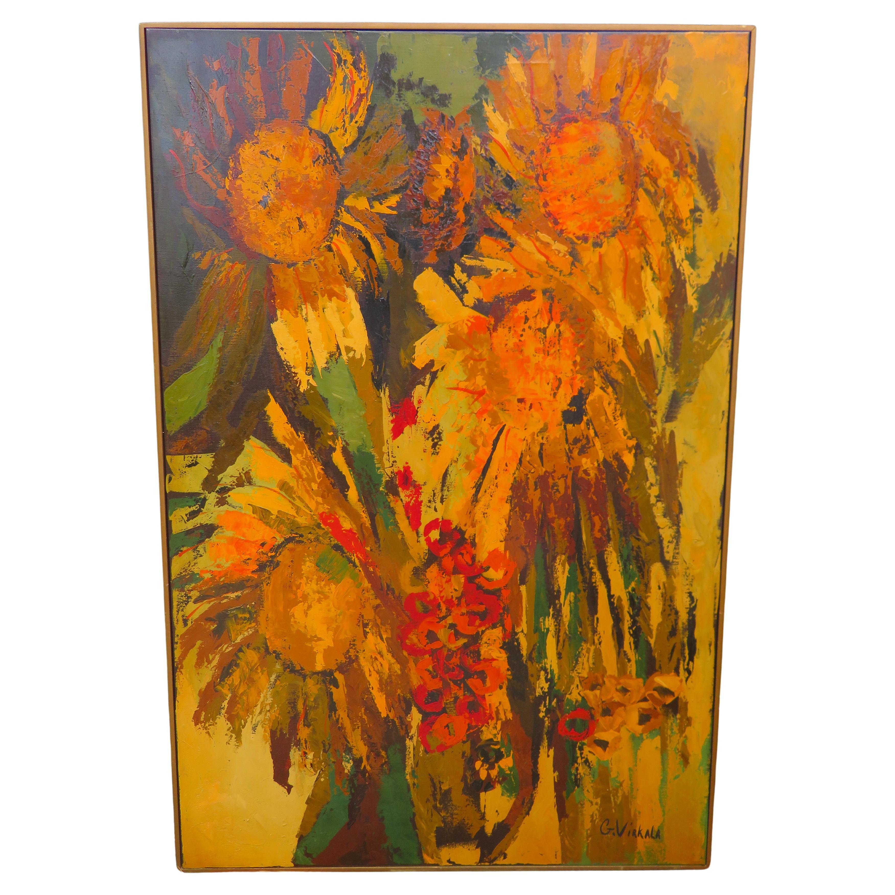 Vibrante peinture abstraite XL de marguerite Daisy Sun Flowers de G Virkala, moderne du milieu du siècle dernier en vente