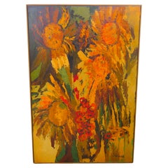 Vintage Vibrant XL Abstract Mid-Century Modern G Virkala Daisy Sun Flowers Painting