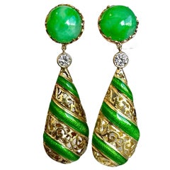 Vibrant Yellow Gold, Fei Cui Jade, Diamond & Green Enamel Dangle Earrings