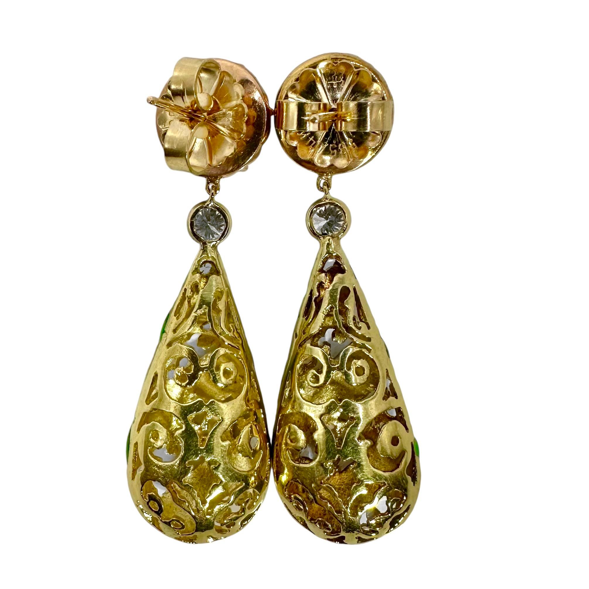 Modern Vibrant Yellow Gold, Fei Cui Jade, Diamond & Green Enamel Dangle Earrings For Sale