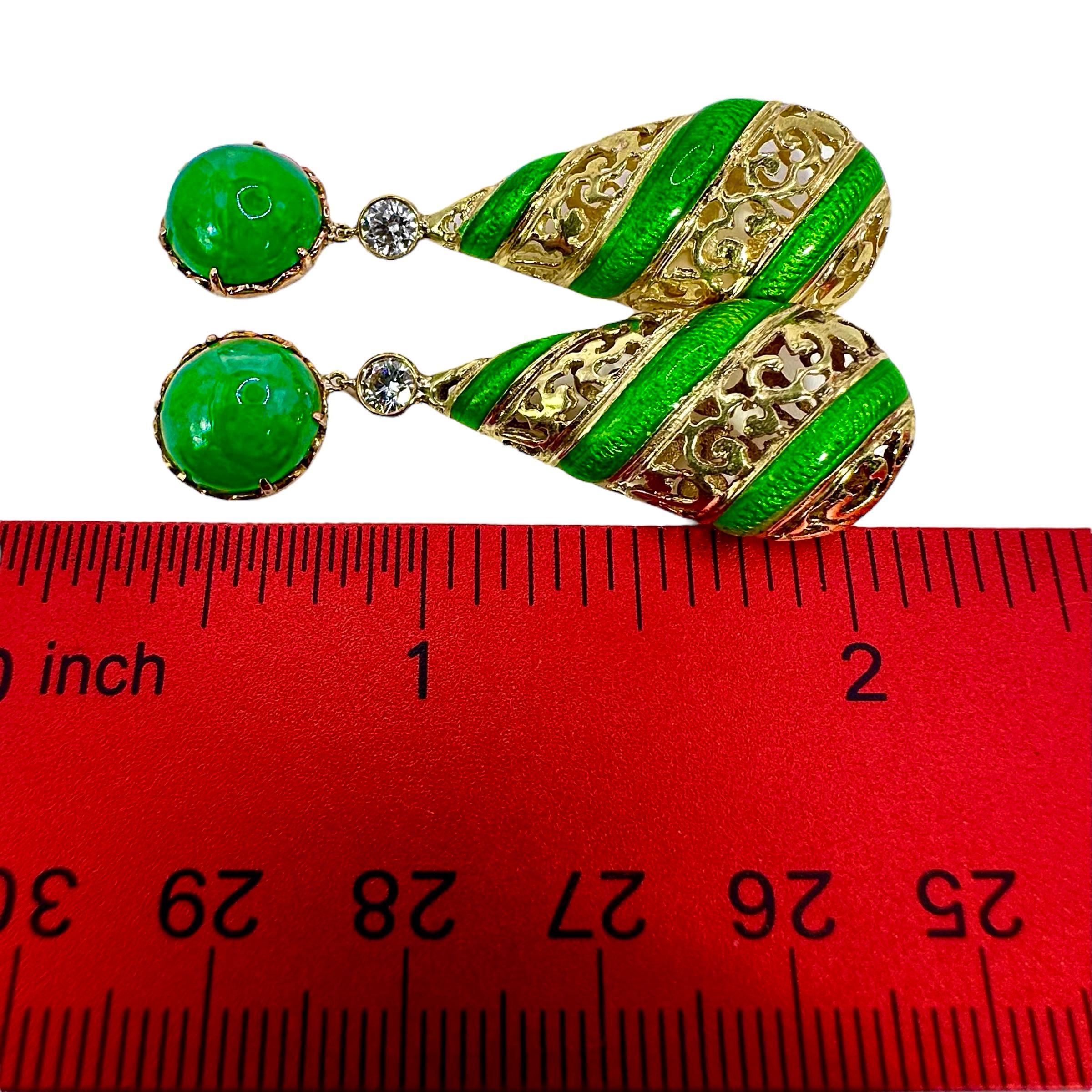 Vibrant Yellow Gold, Fei Cui Jade, Diamond & Green Enamel Dangle Earrings In Good Condition For Sale In Palm Beach, FL