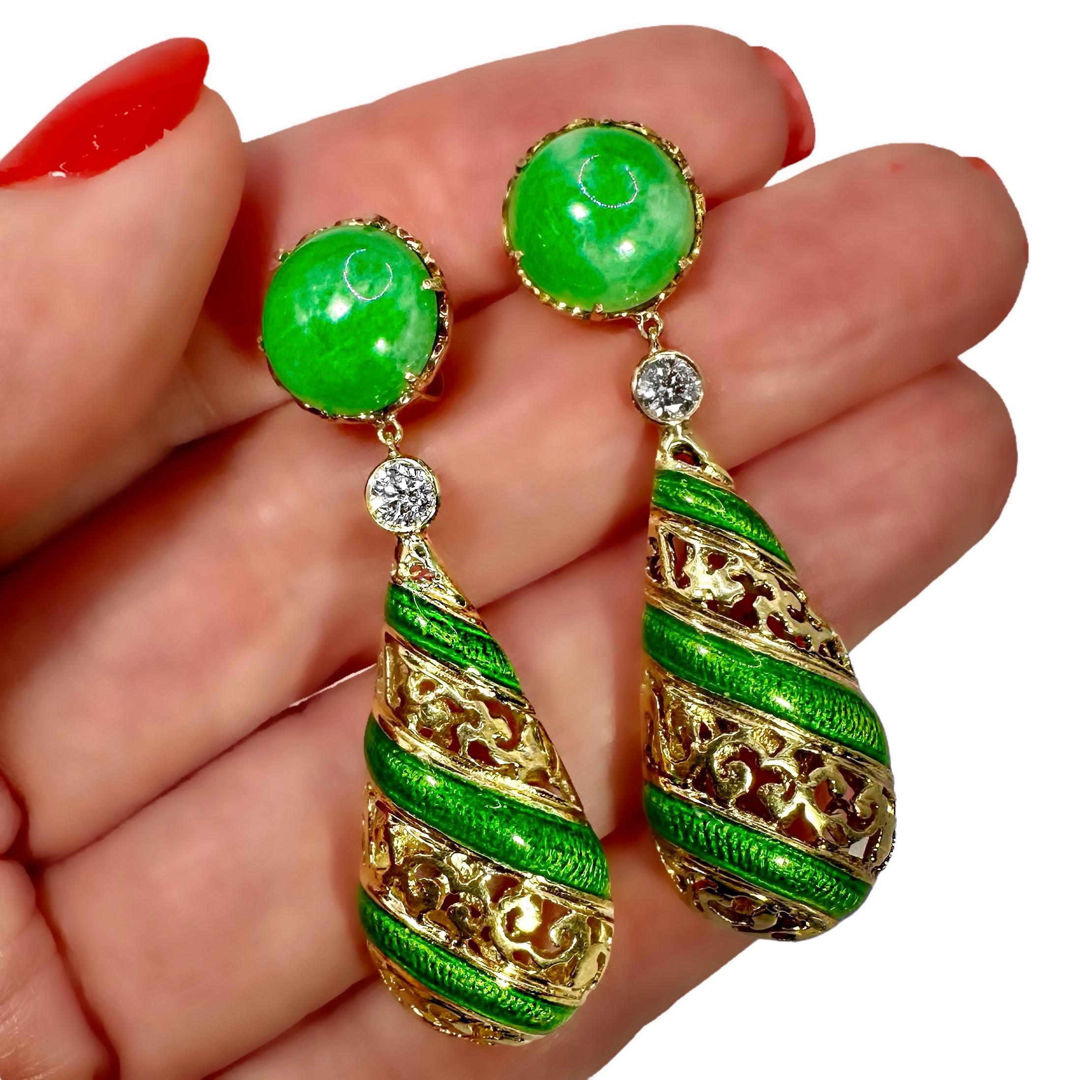 Vibrant Yellow Gold, Fei Cui Jade, Diamond & Green Enamel Dangle Earrings For Sale 1