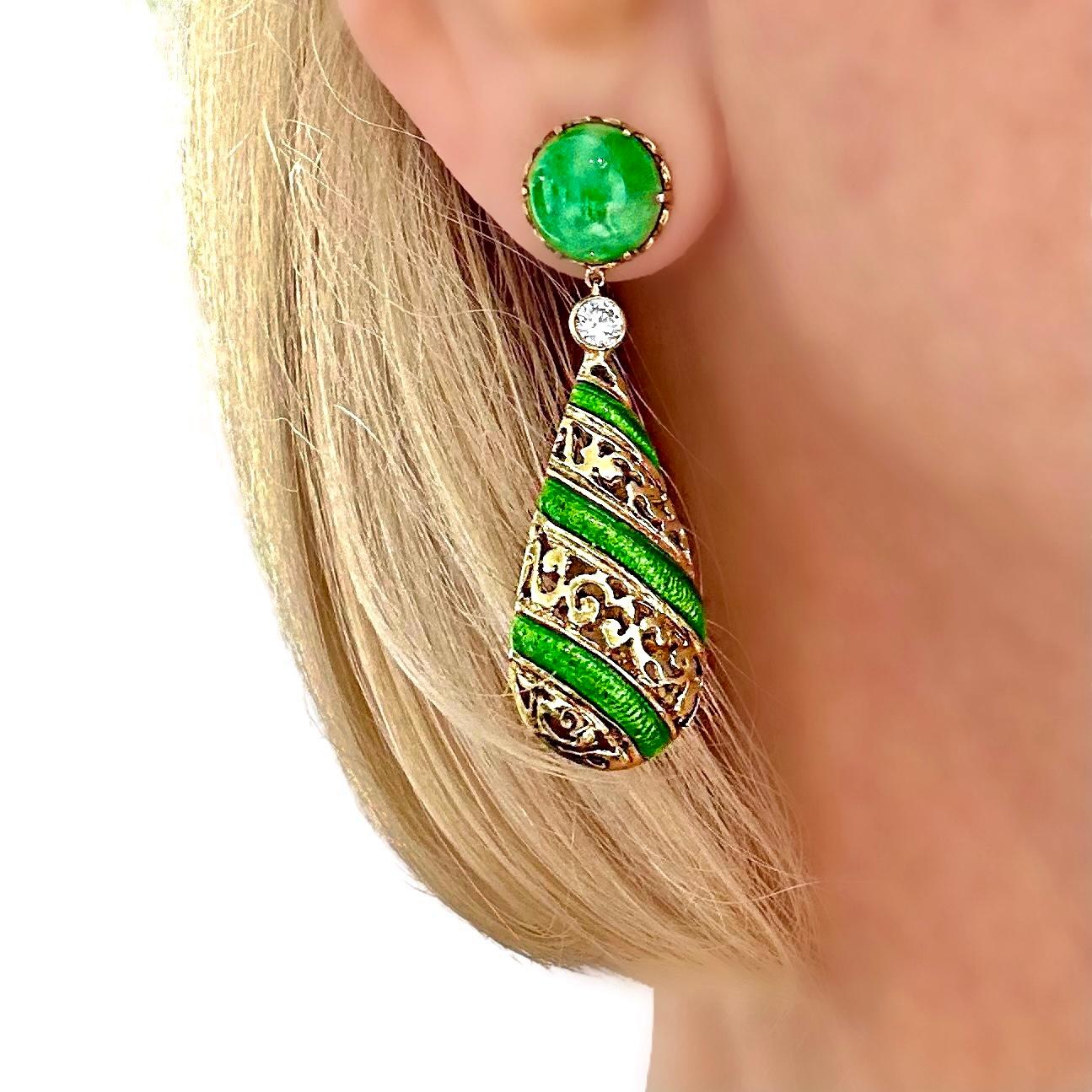 Vibrant Yellow Gold, Fei Cui Jade, Diamond & Green Enamel Dangle Earrings For Sale 2