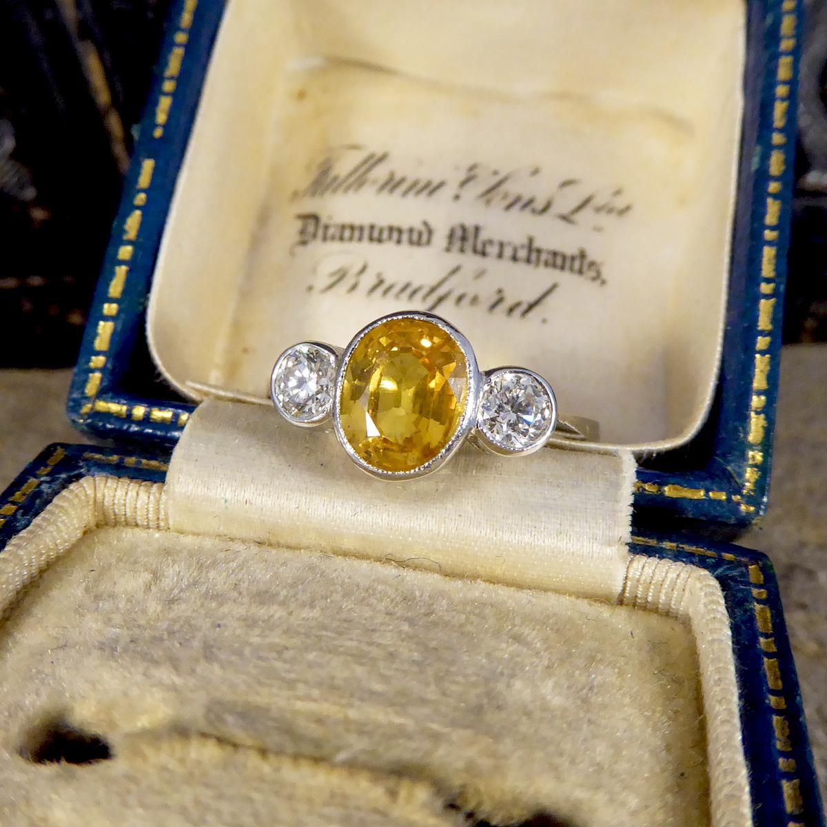 Vibrant Yellow Sapphire and Diamond Three Stone Ring in Platinum 4