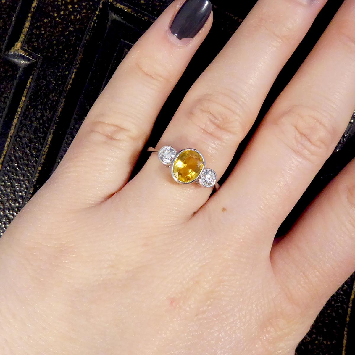Vibrant Yellow Sapphire and Diamond Three Stone Ring in Platinum 2