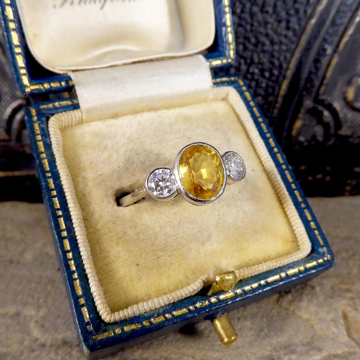 Vibrant Yellow Sapphire and Diamond Three Stone Ring in Platinum 3