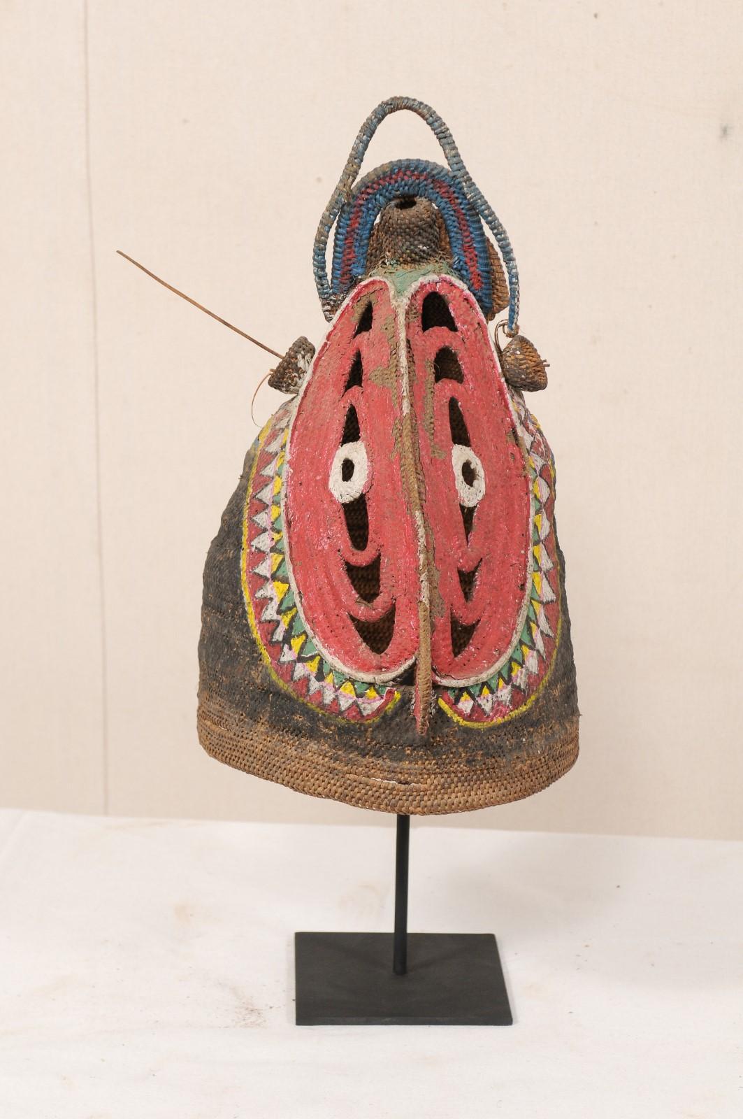 Tribal Vibrantly Colored Baba Festival Mask on Stand from Papua New Guinea