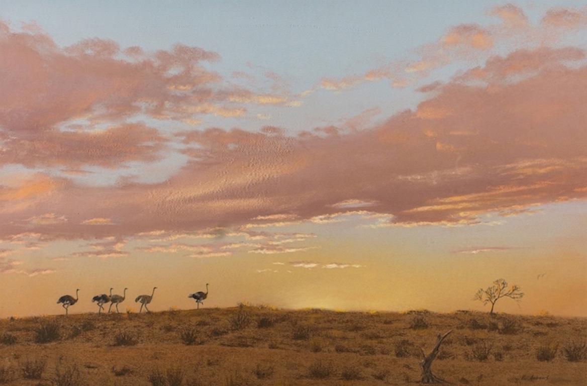 Vic Andrews [1922-2013] Landscape Painting - Ostriches in The Kalagari at Sunset, Large Original Wildlife Painting
