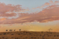 Ostriches in The Kalagari at Sunset, Large Original Wildlife Painting