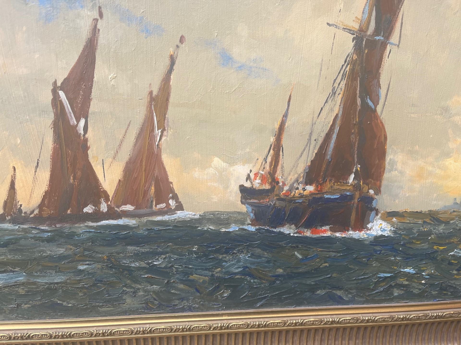 Vic Ellis RSMA
Thames Barges and other Shipping.
Oil on Board, Signed and Framed.
Ellis lived in Essex and latterly spent his time painting shipping on the Thames and the Medway.  He was an experienced sailor himself and loved depicting shipping in