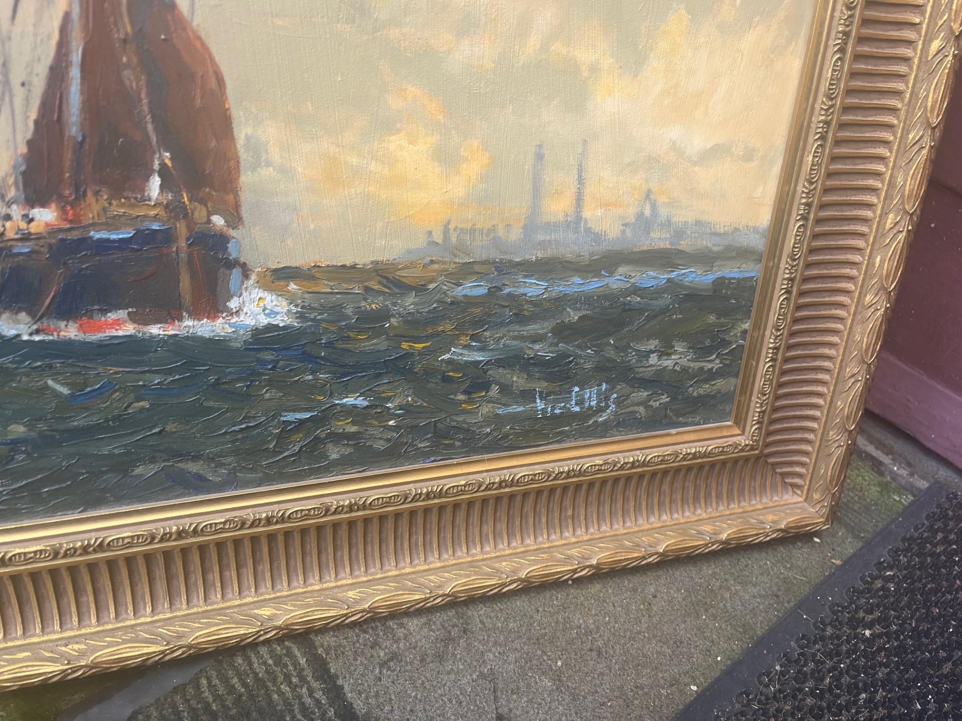 Twentieth Century Marine Oil of Thames Barges on the Medway with power station - Impressionist Painting by vic ellis