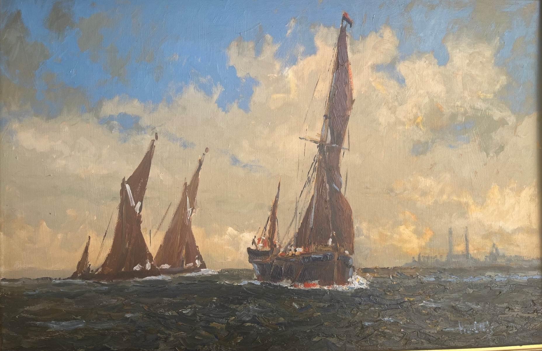 Landscape Painting vic ellis - Grande peinture à l'huile de Thames Barges sur le Médeway avec une station électrique à l'arrière-plan