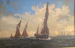 Vintage Thames Barges on the Medway with power station in background Large Oil Painting