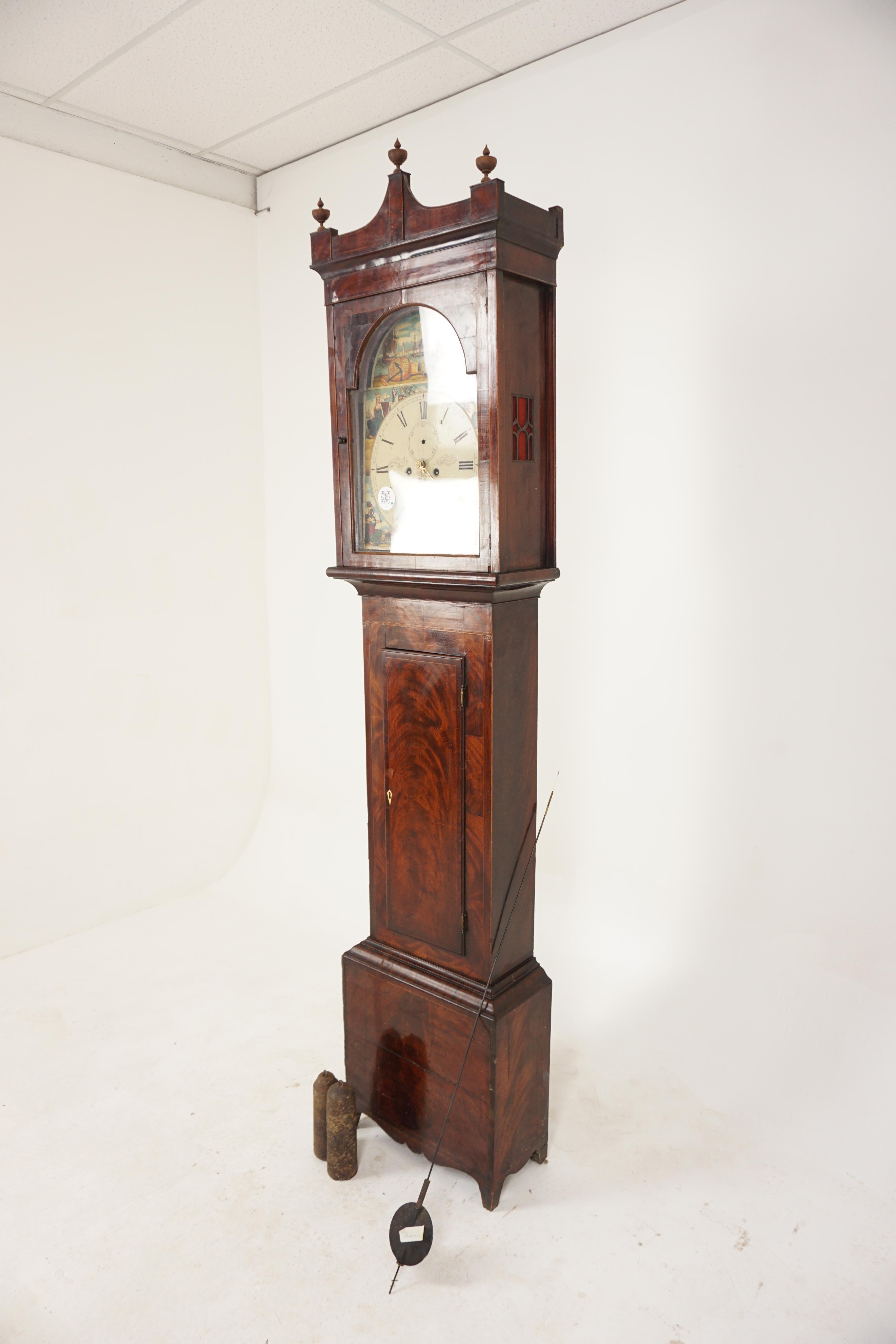 Antique Victorian Grandfather Long Case Clock by J Pelling of Lesmahagow, Scotland 1870, H525

Scotland 1870
Solid Walnut
Original Finish
With shaped top and finials 
Having Scottish scene painted on arched dial
The arched top titled in