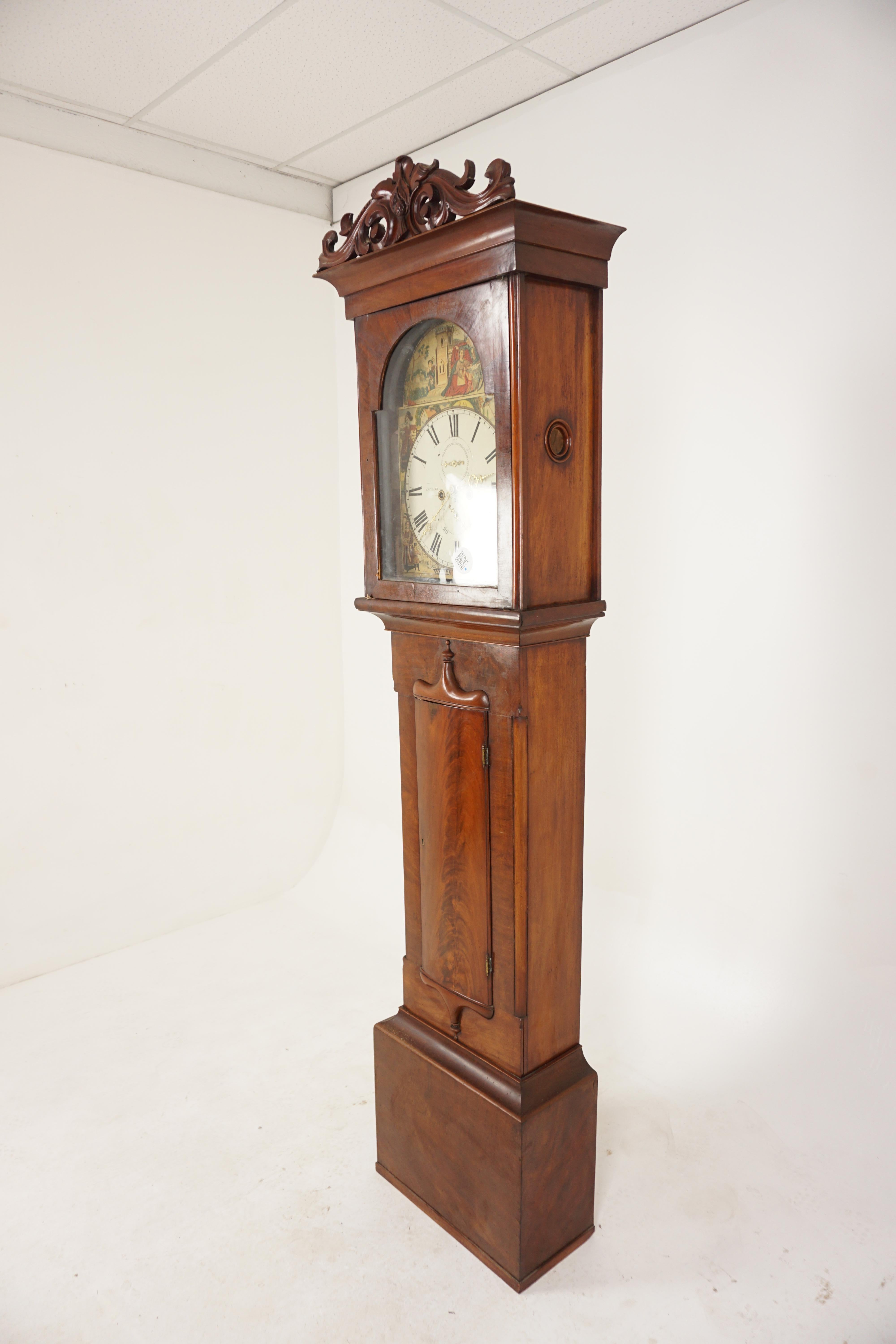 Antique Victorian Grandfather long case clock by Jas Huston of Johnstone, Scotland 1870, H182

Scotland 1870
Solid Walnut
Original Finish
Carved Crestings on top
With glass front door
Arch painted dial with inscription underneath saying commerce
4