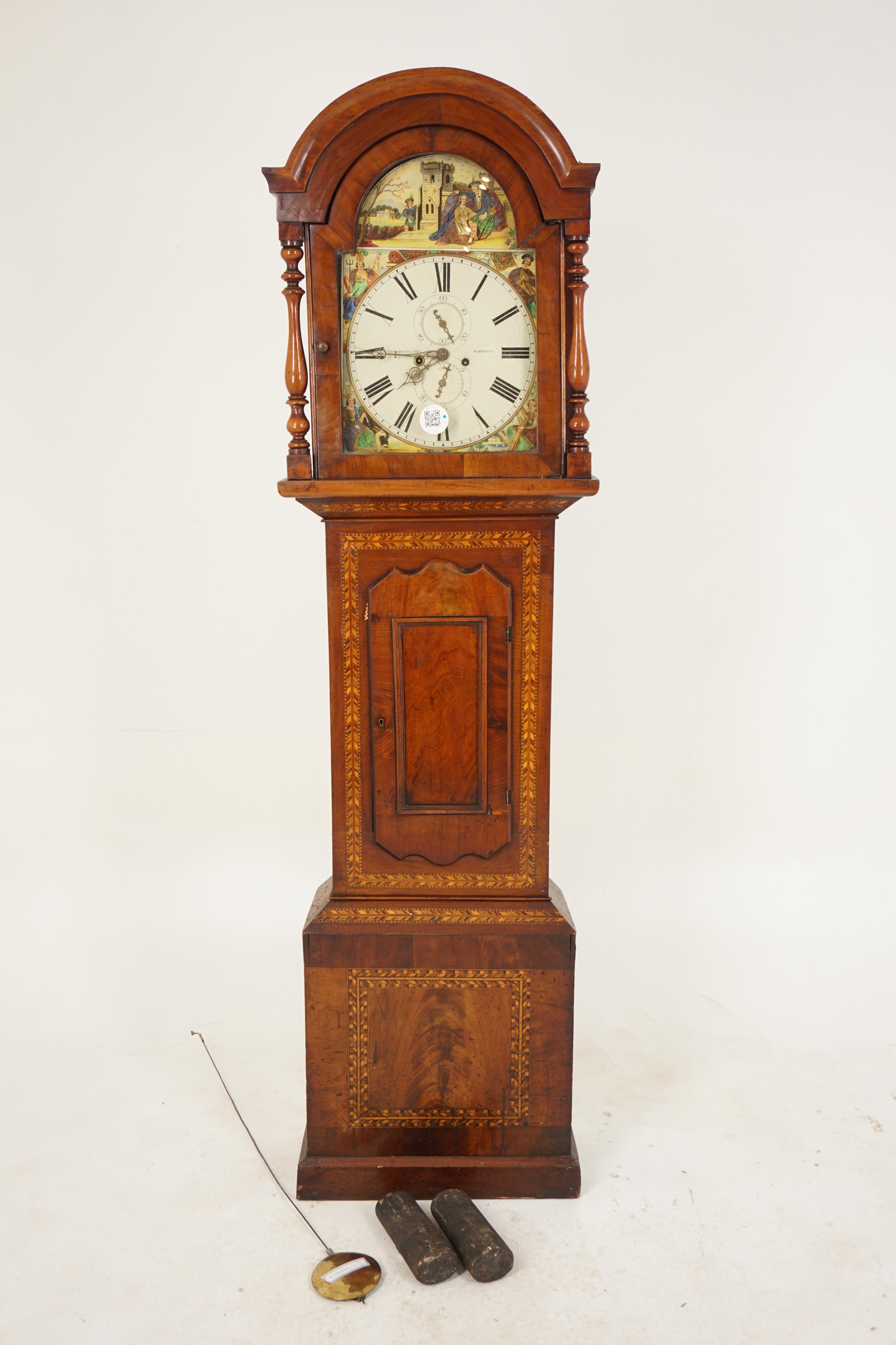 Antique Victorian Grandfather long case clock by a Brackenridge of Kilmarnock, Scotland 1870, H183

Scotland 1870
Solid Walnut
Original Finish
Rounded top 
Arched painted dial
Depicting Scottish castles and crowned kings to each corner
Inlaid