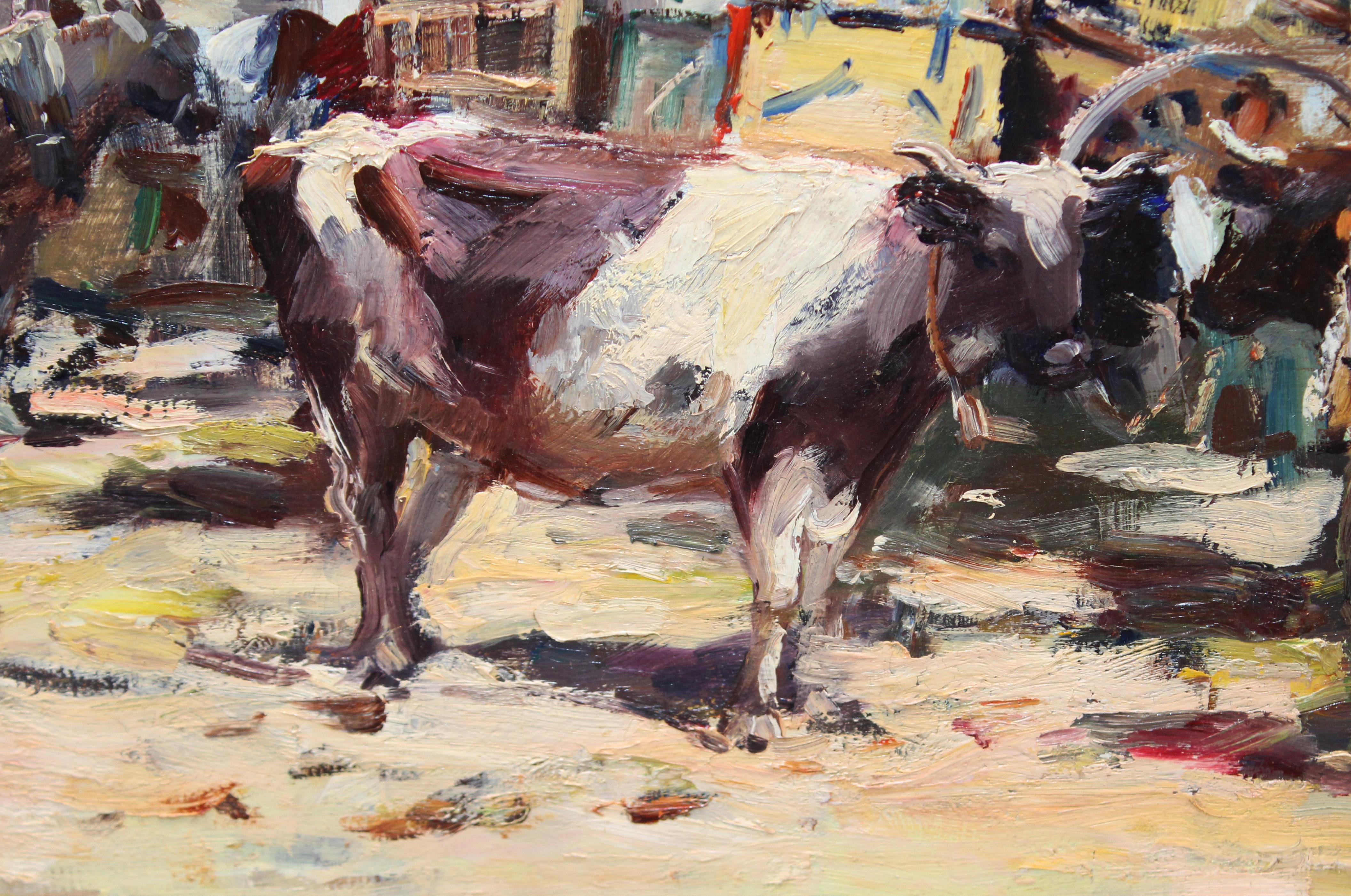Óleo sobre tela - Año 1937 - La feria del ganado - Figurative Painting Marrón de Vicenç Solé Jorba