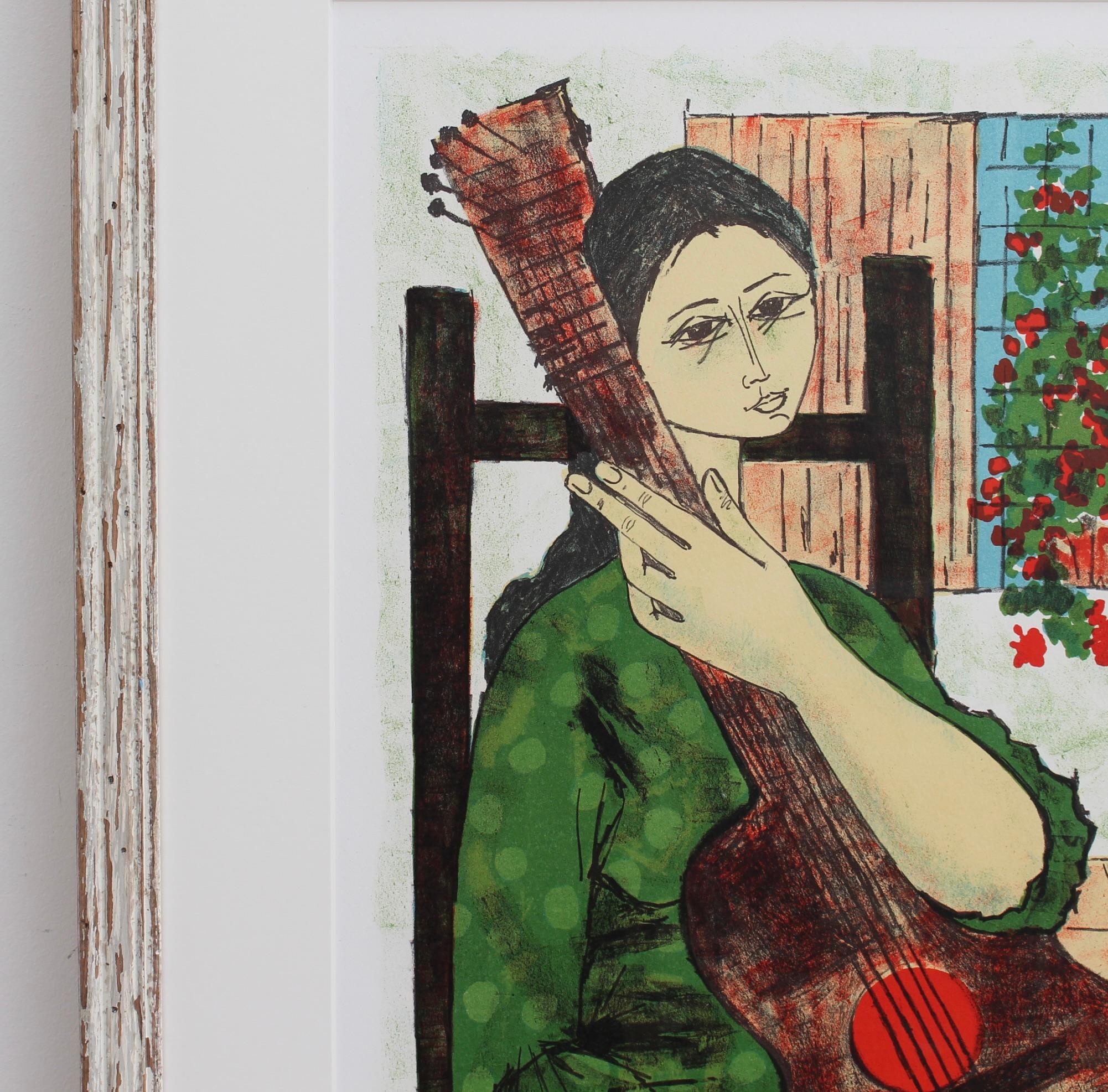 'Melancholic Muses', one of a poignant set of six signed artist proof lithographs by the celebrated Spanish artist from Barcelona, Vicenç Caraltó (circa 1960s). This collection of lithographs captures the essence of melancholy through the central