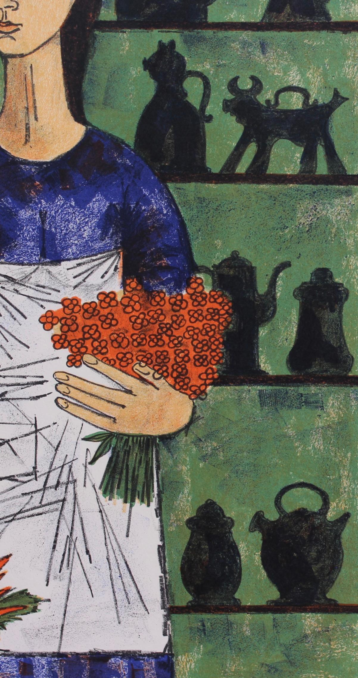 'Melancholic Muses V', one of a poignant set of six signed artist proof lithographs by the celebrated Spanish artist from Barcelona, Vicenç Caraltó (circa 1960s). This collection of lithographs captures the essence of melancholy through the central