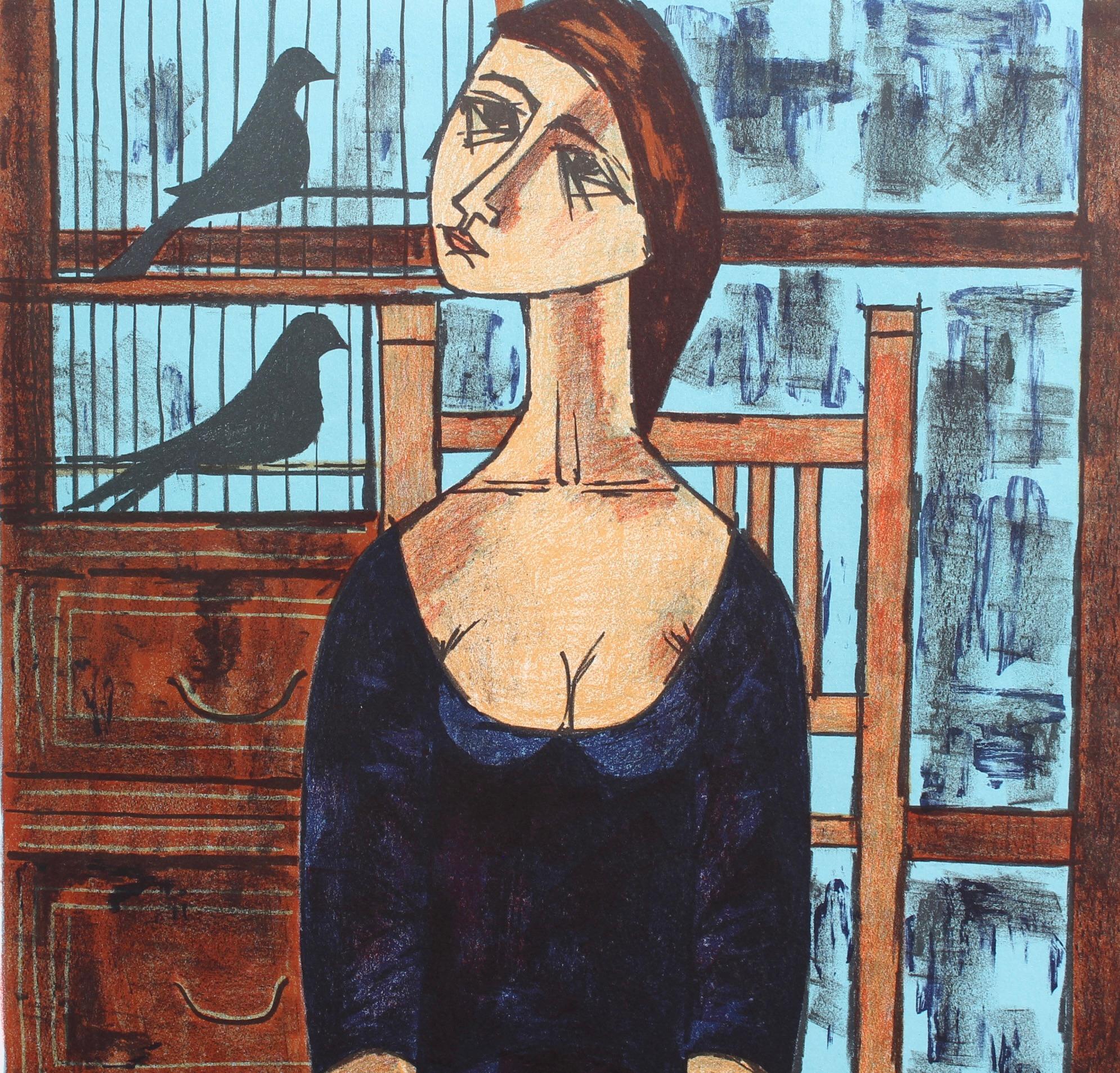 'Melancholic Muses', one of a poignant set of six signed artist proof lithographs by the celebrated Spanish artist from Barcelona, Vicenç Caraltó (circa 1960s). This collection of lithographs captures the essence of melancholy through the central
