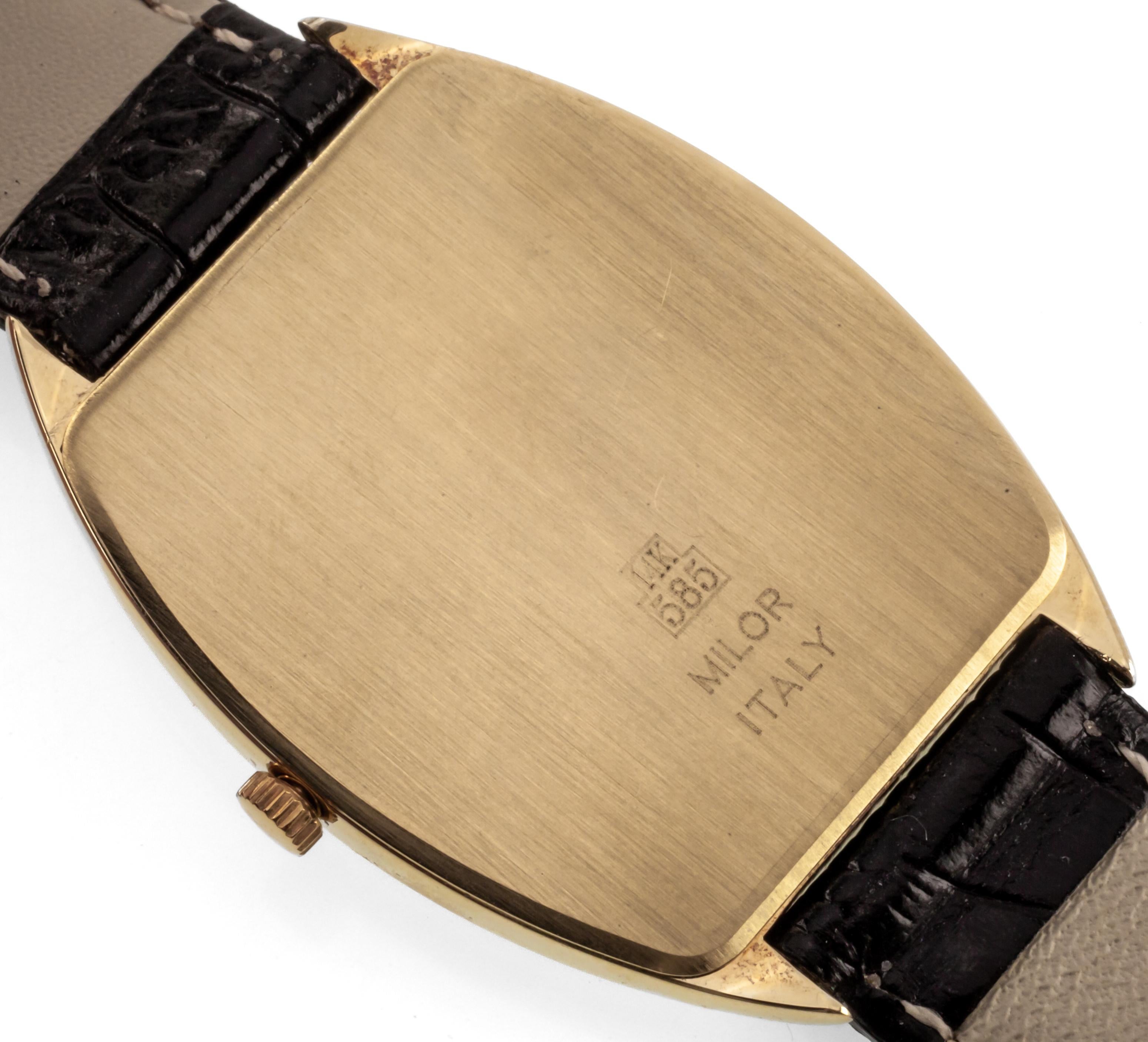 Modern Vicence 14k Yellow Gold Tonneau Women's Watch w/ Guilloche Dial and Leather Band For Sale