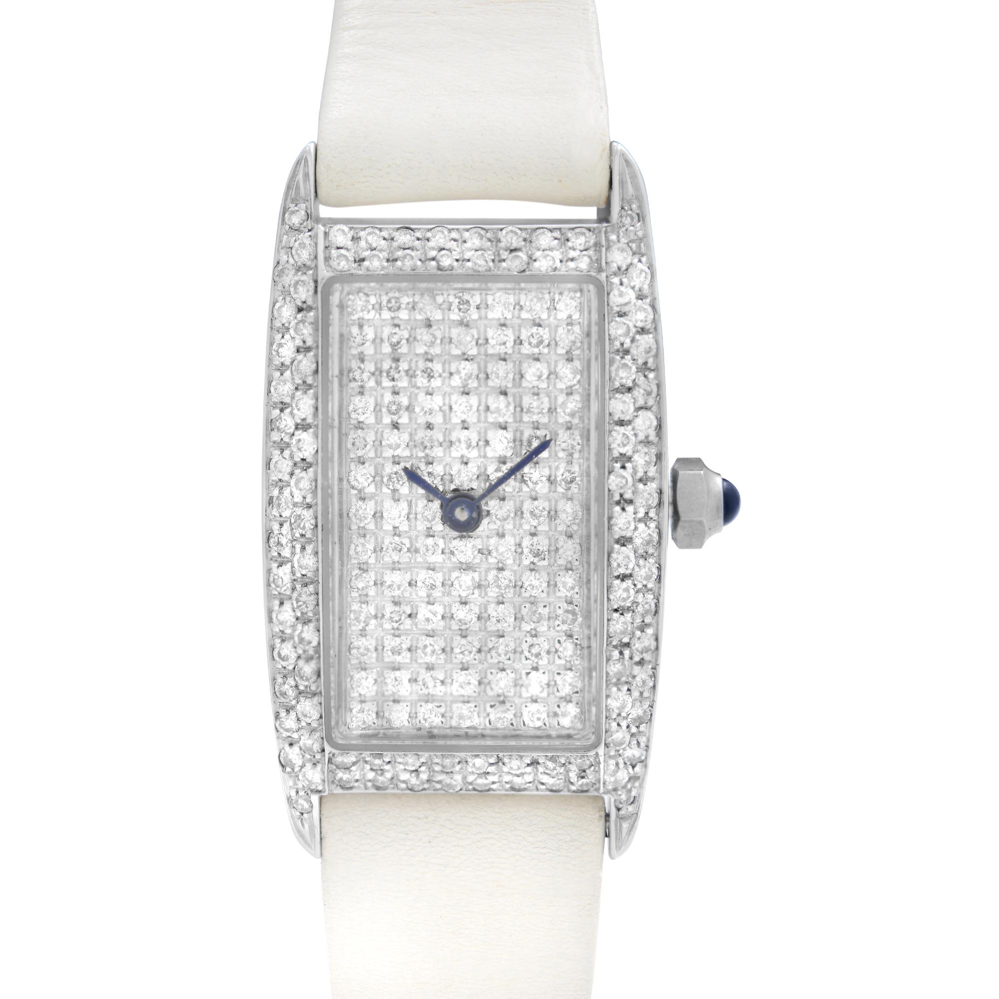 Pre Owned Vicence Milor 14K White Gold Diamond Dial White Leather Strap Ladies Watch. approx 2-carat Diamonds.  This Beautiful Timepiece is Powered by Quartz (Battery) Movement And Features: Rectangular 14k White Golf Case with a White Leather Strap