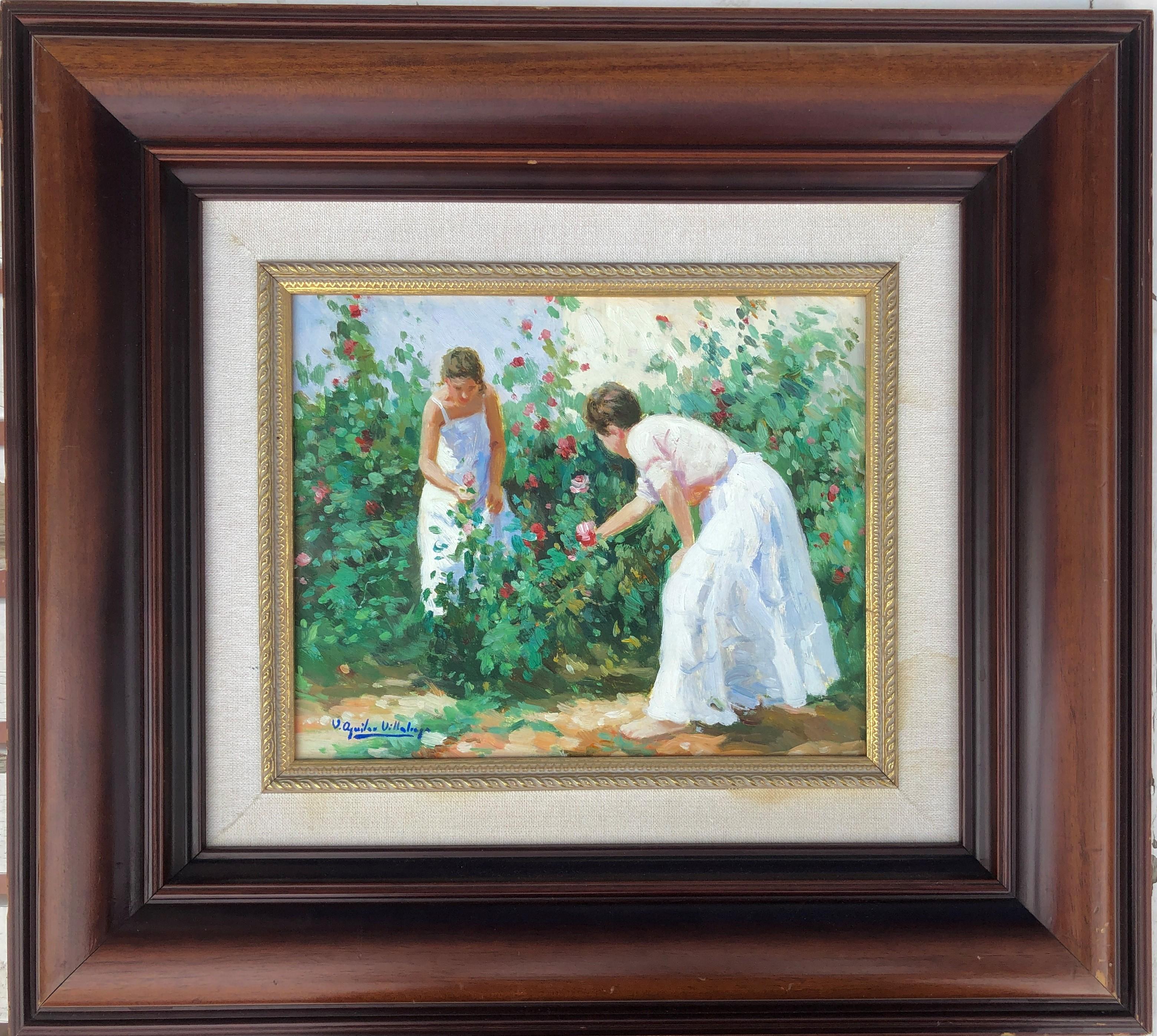 Garden with figures Mallorca oil on canvas painting - Painting by Vicente Aguilar Villalonga