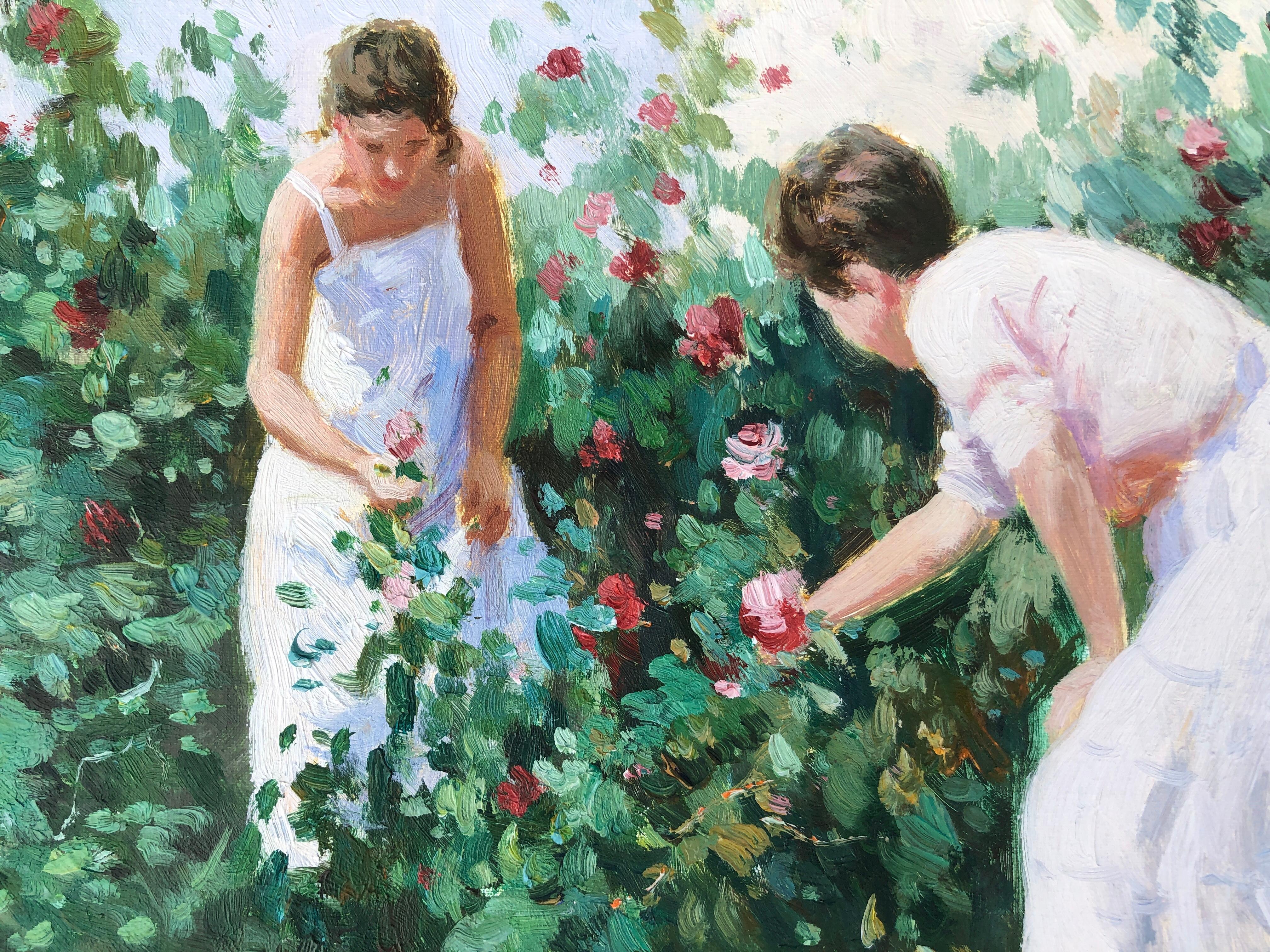 Garden with figures Mallorca oil on canvas painting - Gray Interior Painting by Vicente Aguilar Villalonga