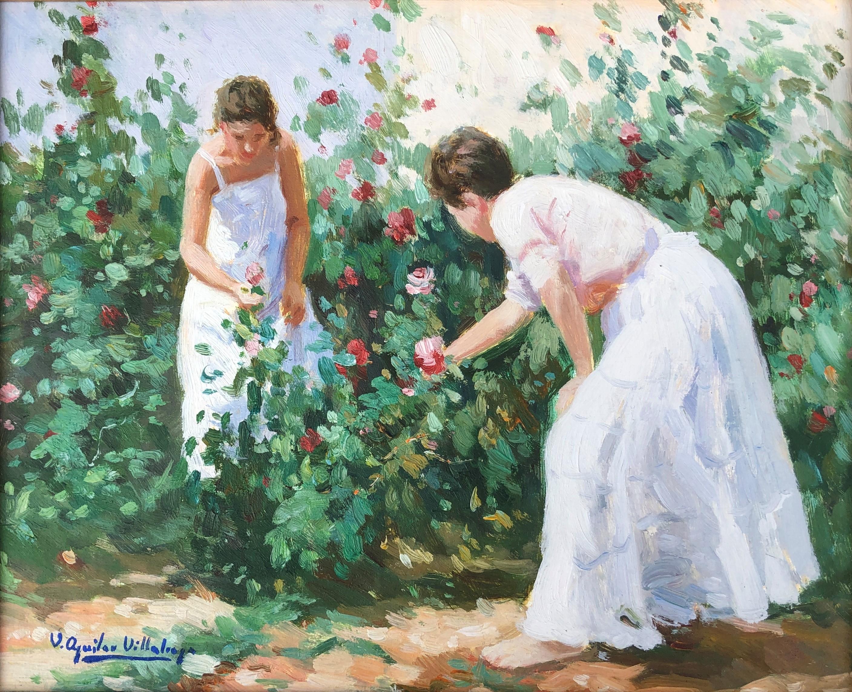 Vicente Aguilar Villalonga Interior Painting - Garden with figures Mallorca oil on canvas painting