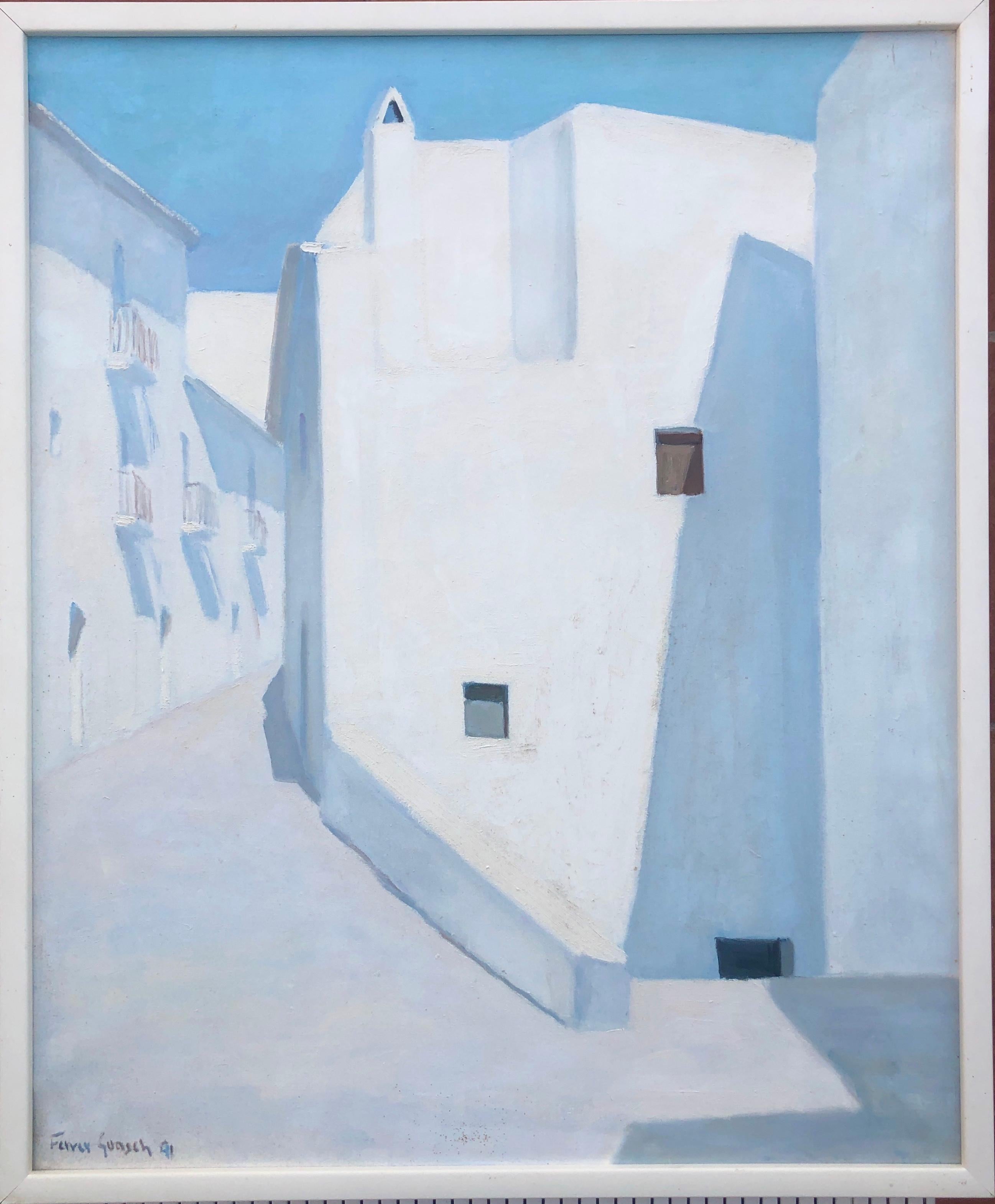 Ibiza Spagna olio su tela pittura paesaggio urbano spagnolo - Painting di Vicente Ferrer Guasch