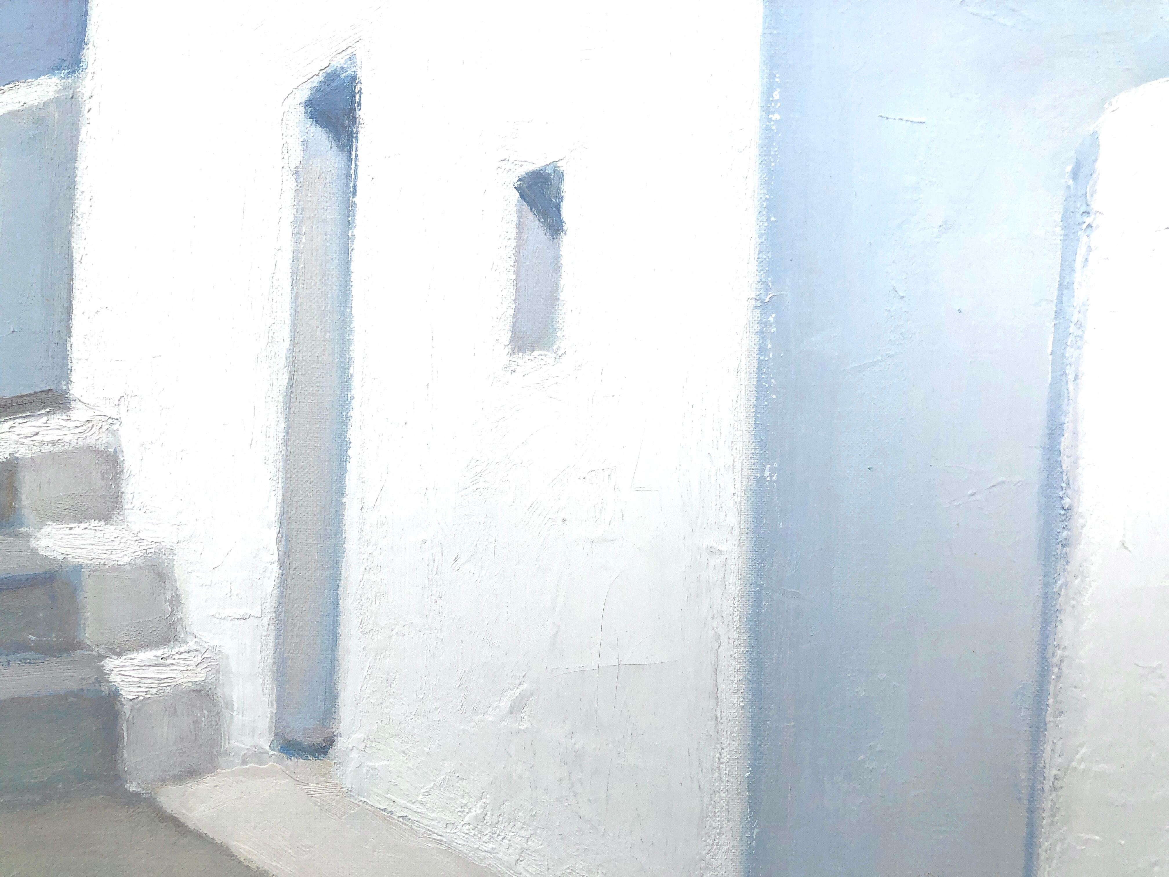 Ibiza Spagna olio su tela pittura paesaggio urbano spagnolo - Landscape Painting Grigio di Vicente Ferrer Guasch