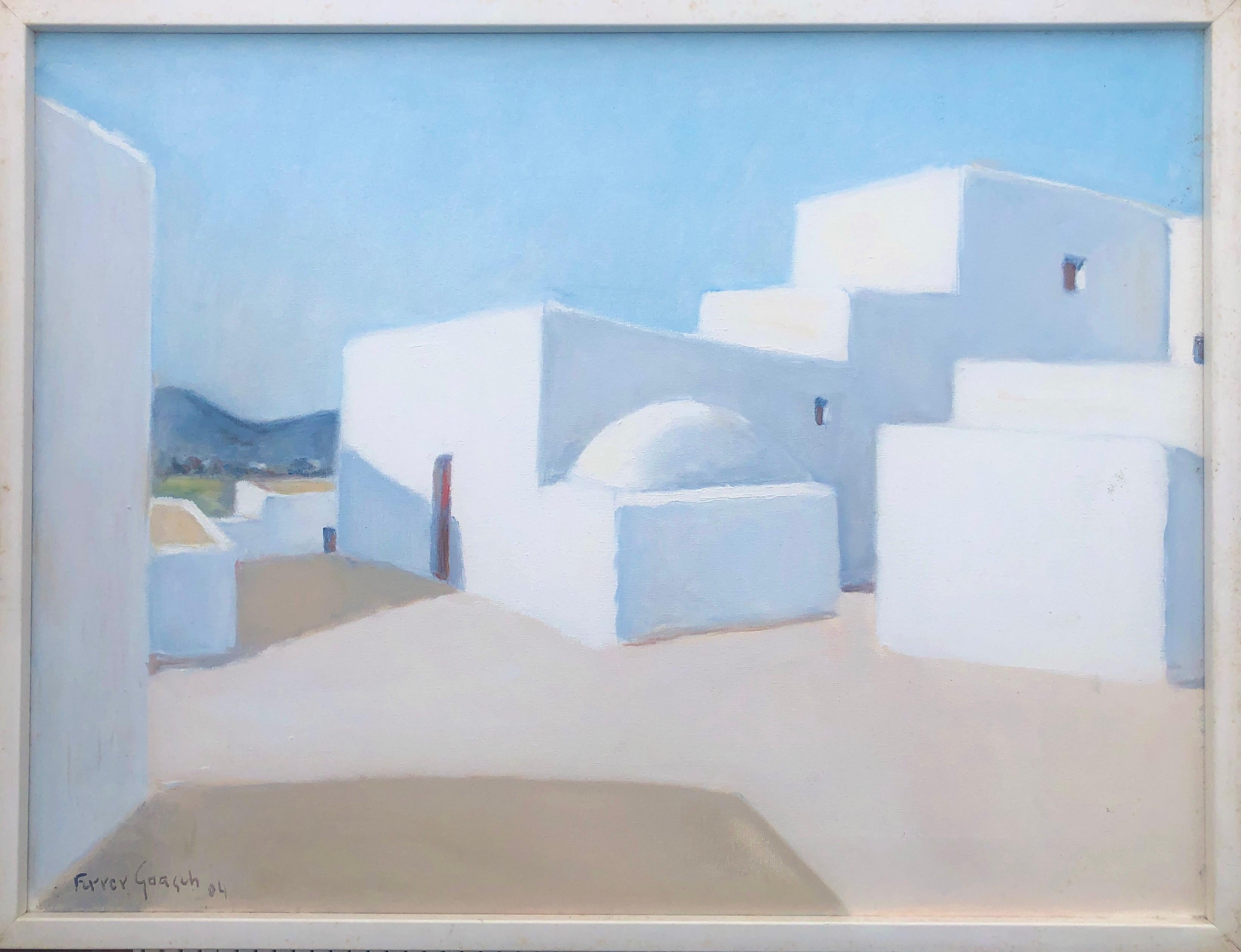 Ibiza, Espagne, peinture à l'huile sur toile, paysage urbain espagnol Mediterranean - Painting de Vicente Ferrer Guasch