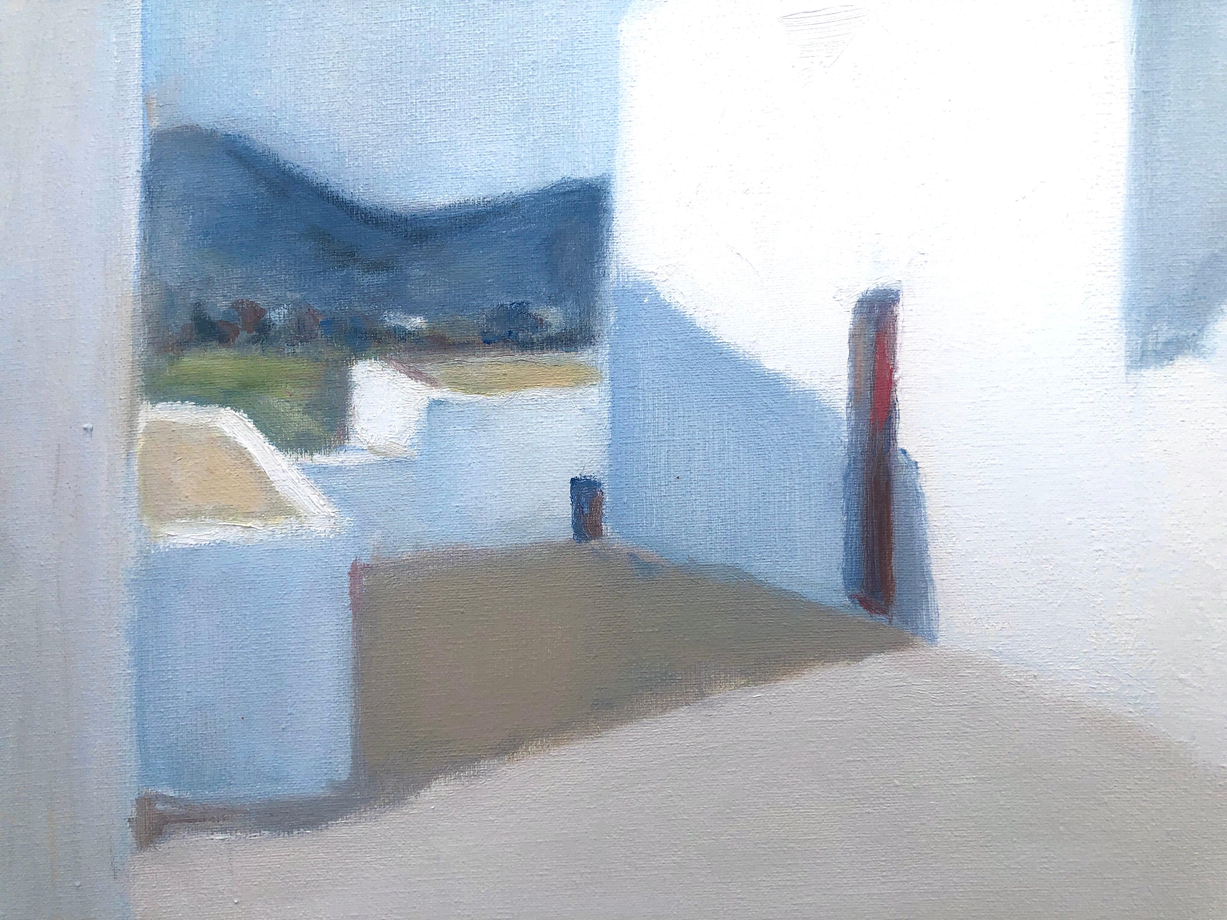 Ibiza, Espagne, peinture à l'huile sur toile, paysage urbain espagnol Mediterranean - Bleu Landscape Painting par Vicente Ferrer Guasch
