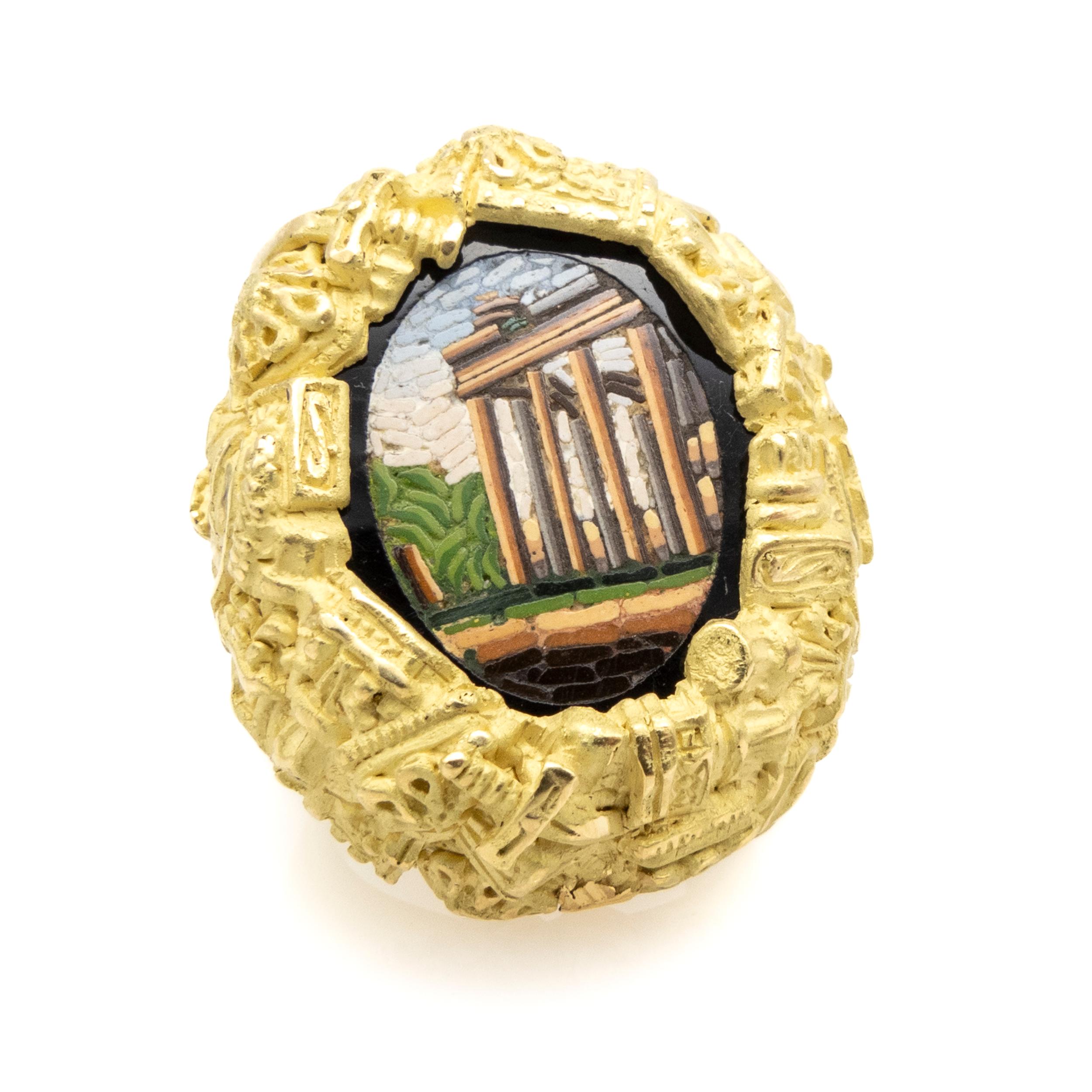 Vicente Gracia 18k Gold Cocktail Dome Ring Micro Mosaic Ruins Roman Temple 

Embrace the exquisite beauty of history entwined within the contours of this 18-karat yellow gold ring, a tangible ode to the bygone glory of ancient Roman Valencia. At its