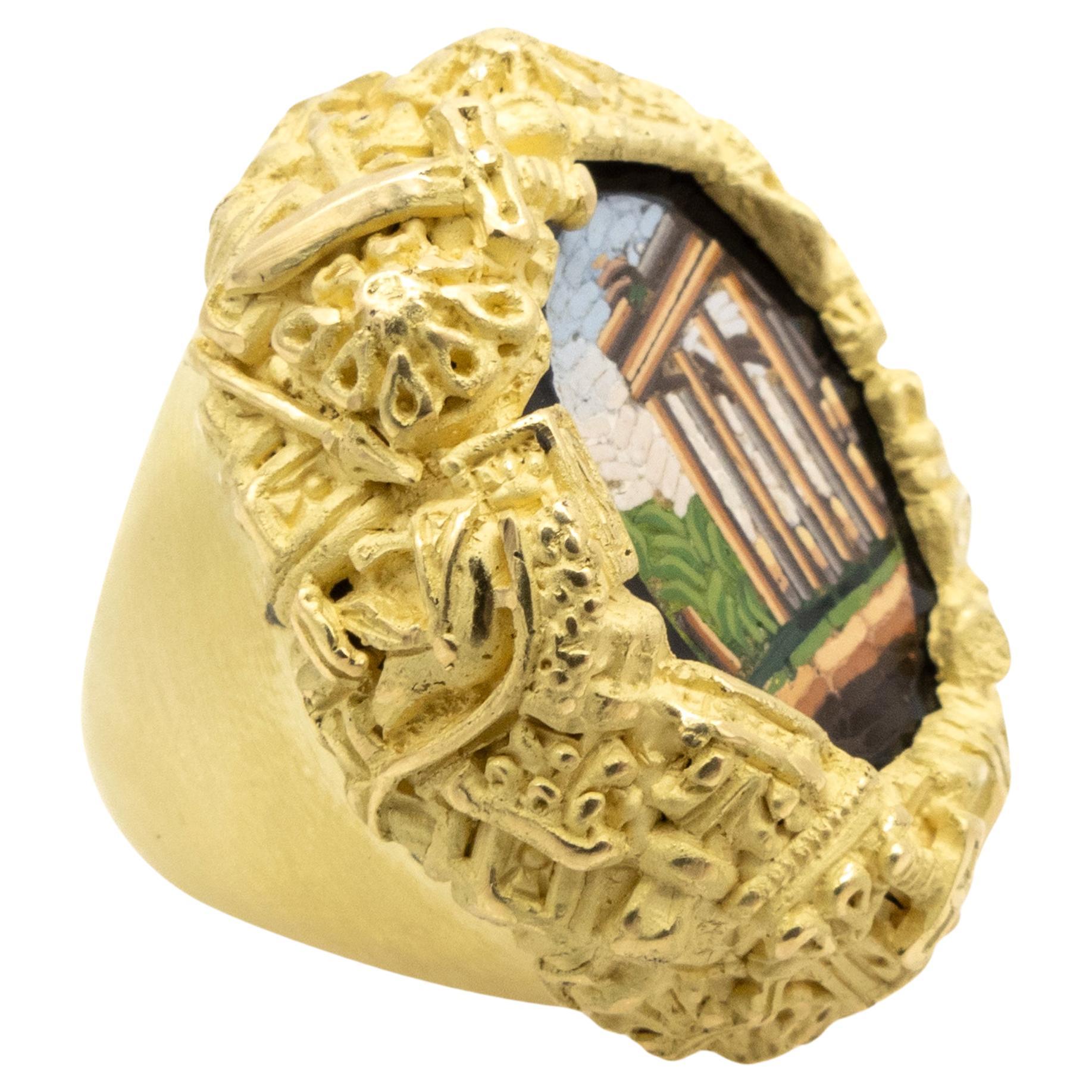 Vicente Gracia 18k Gold Cocktail Dome Ring Micro Mosaic Ruins Roman Temple  For Sale