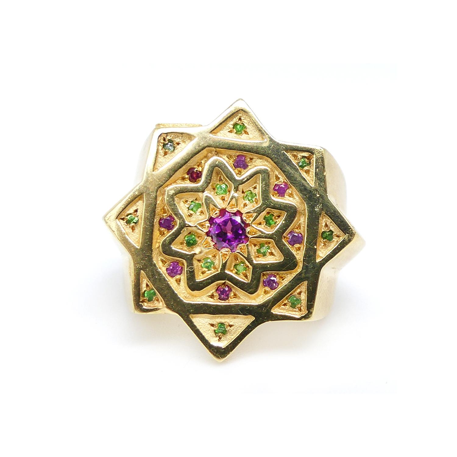 Contemporary Vicente Gracia Amethyst Rubies Tsavorites Silver Gold Plated Ring