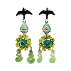 21st Century Antique Mughal Gold Diamond Piece Jade Silver Birds Enamel Earrings